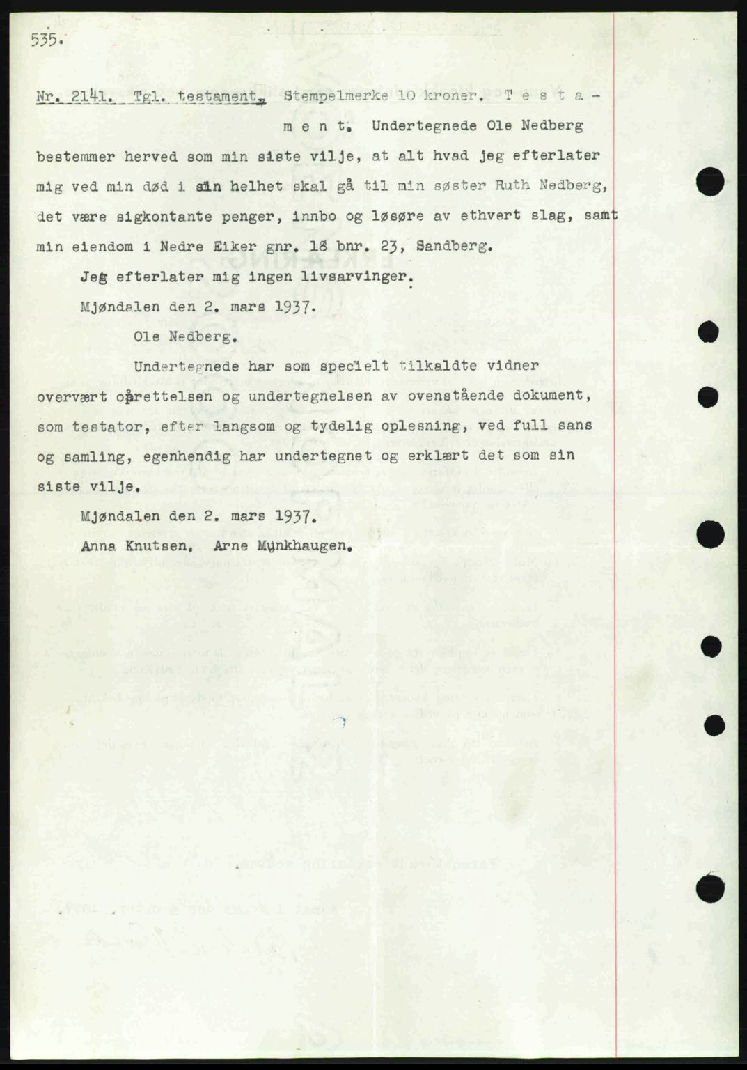 Eiker, Modum og Sigdal sorenskriveri, SAKO/A-123/G/Ga/Gab/L0036: Pantebok nr. A6, 1937-1937, Dagboknr: 2141/1937