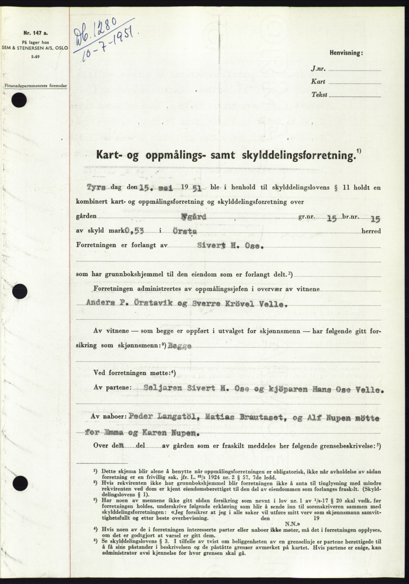 Søre Sunnmøre sorenskriveri, SAT/A-4122/1/2/2C/L0089: Pantebok nr. 15A, 1951-1951, Dagboknr: 1280/1951
