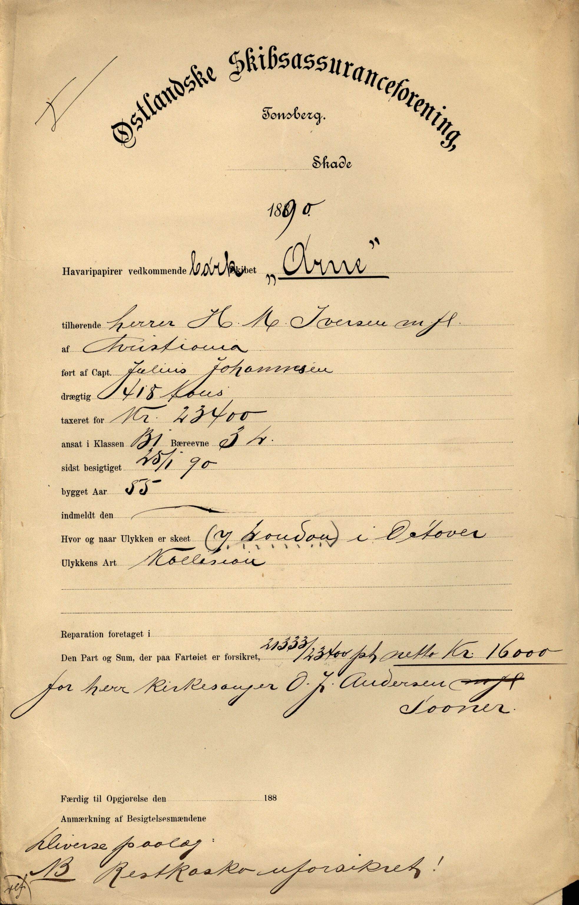 Pa 63 - Østlandske skibsassuranceforening, VEMU/A-1079/G/Ga/L0026/0008: Havaridokumenter / Bernadotte, Bardeu, Augustinus, Atlanta, Arne, 1890, s. 67