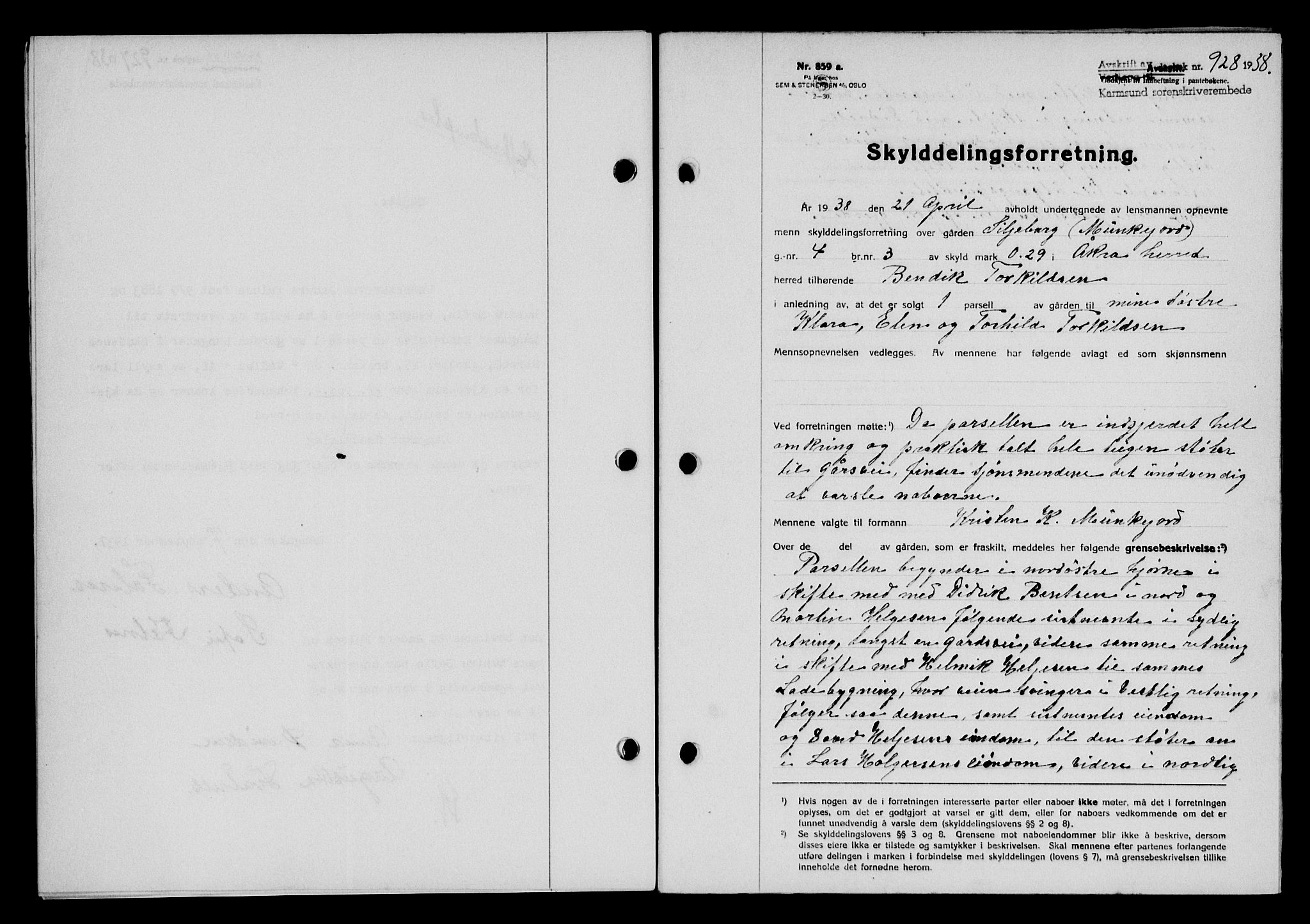 Karmsund sorenskriveri, SAST/A-100311/01/II/IIB/L0069: Pantebok nr. 50A, 1937-1938, Dagboknr: 928/1938