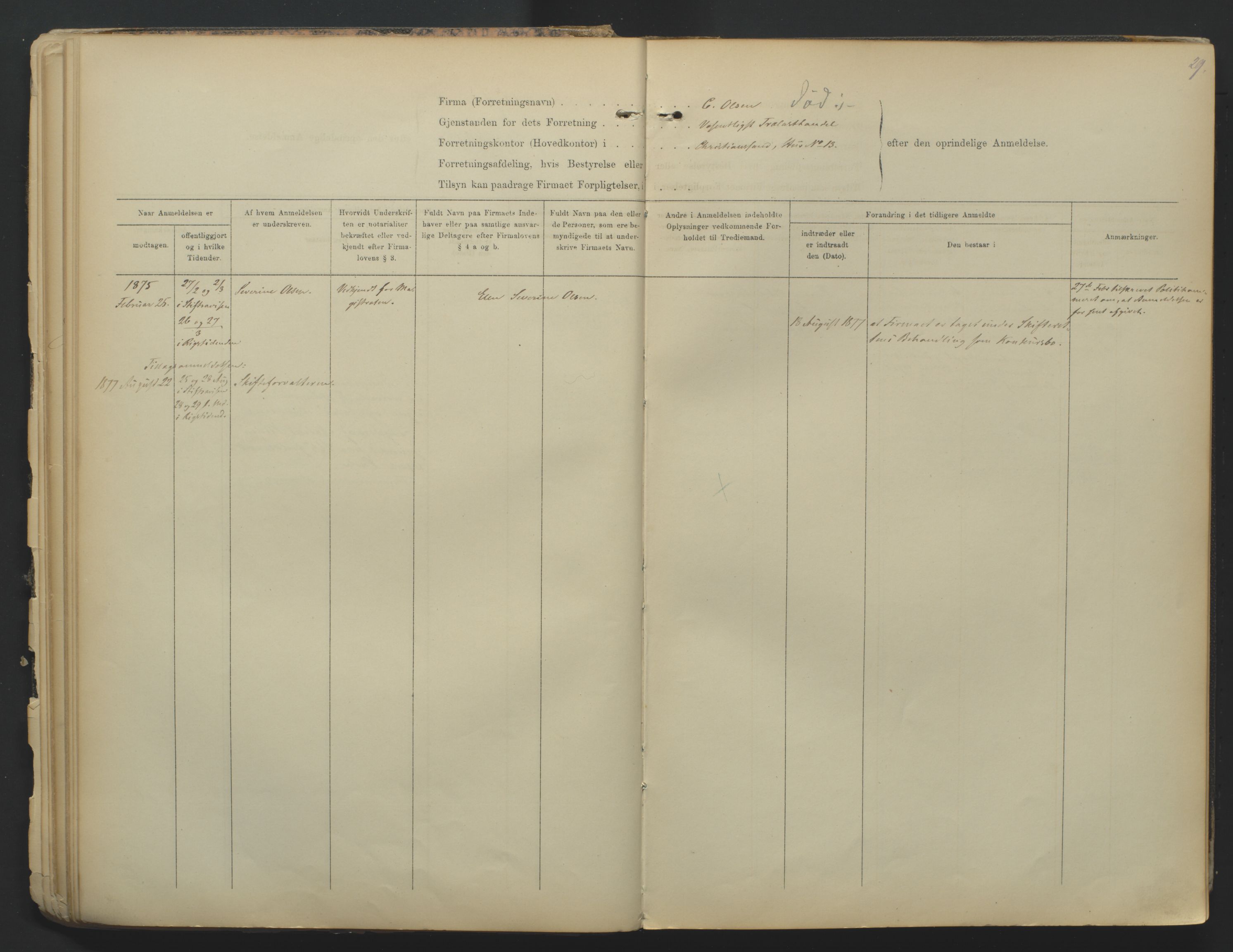Kristiansand byrett, SAK/1223-0001/K/Kb/L0001: Firmaregister A, med register, 1874-1890, s. 29