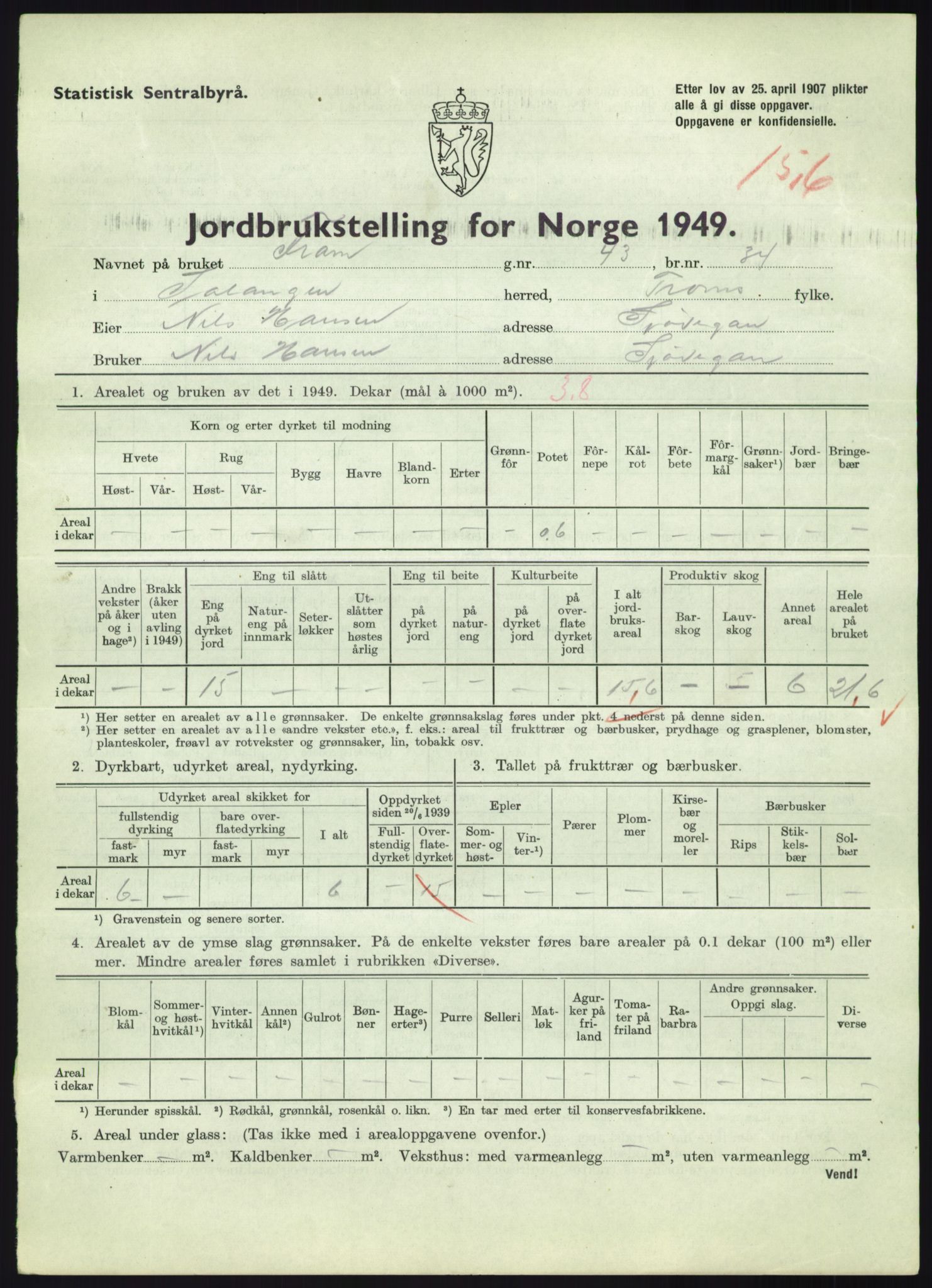 Statistisk sentralbyrå, Næringsøkonomiske emner, Jordbruk, skogbruk, jakt, fiske og fangst, AV/RA-S-2234/G/Gc/L0438: Troms: Salangen og Bardu, 1949, s. 377