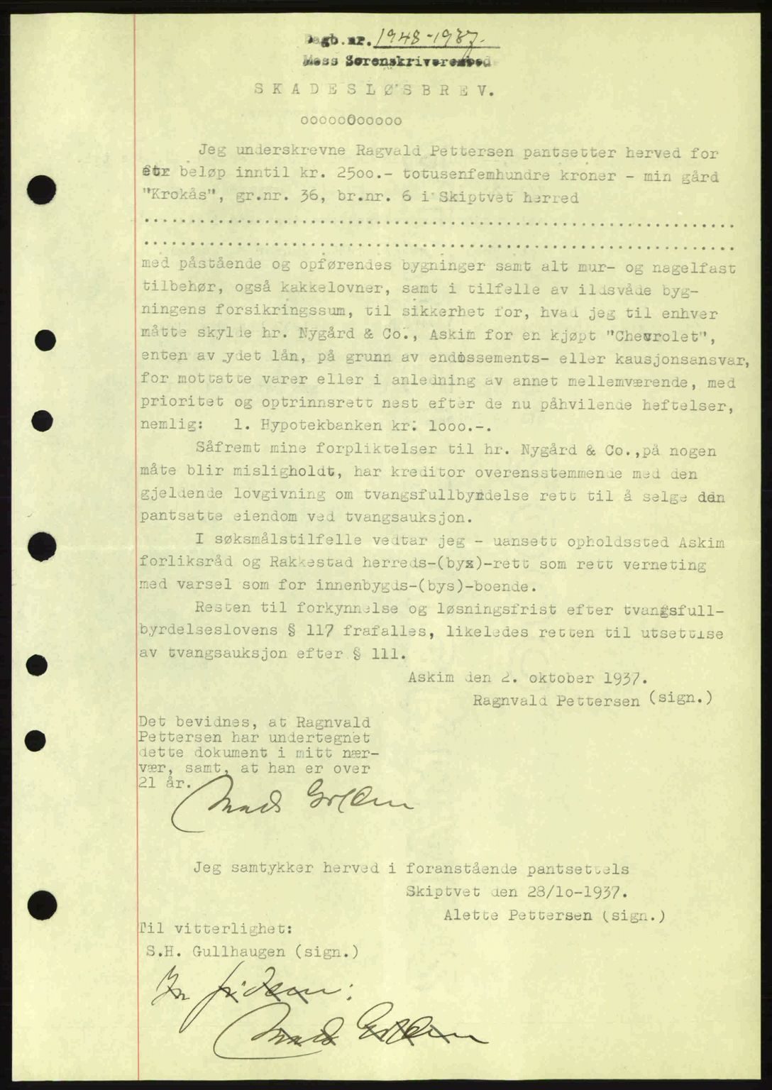 Moss sorenskriveri, SAO/A-10168: Pantebok nr. B4, 1937-1938, Dagboknr: 1948/1937
