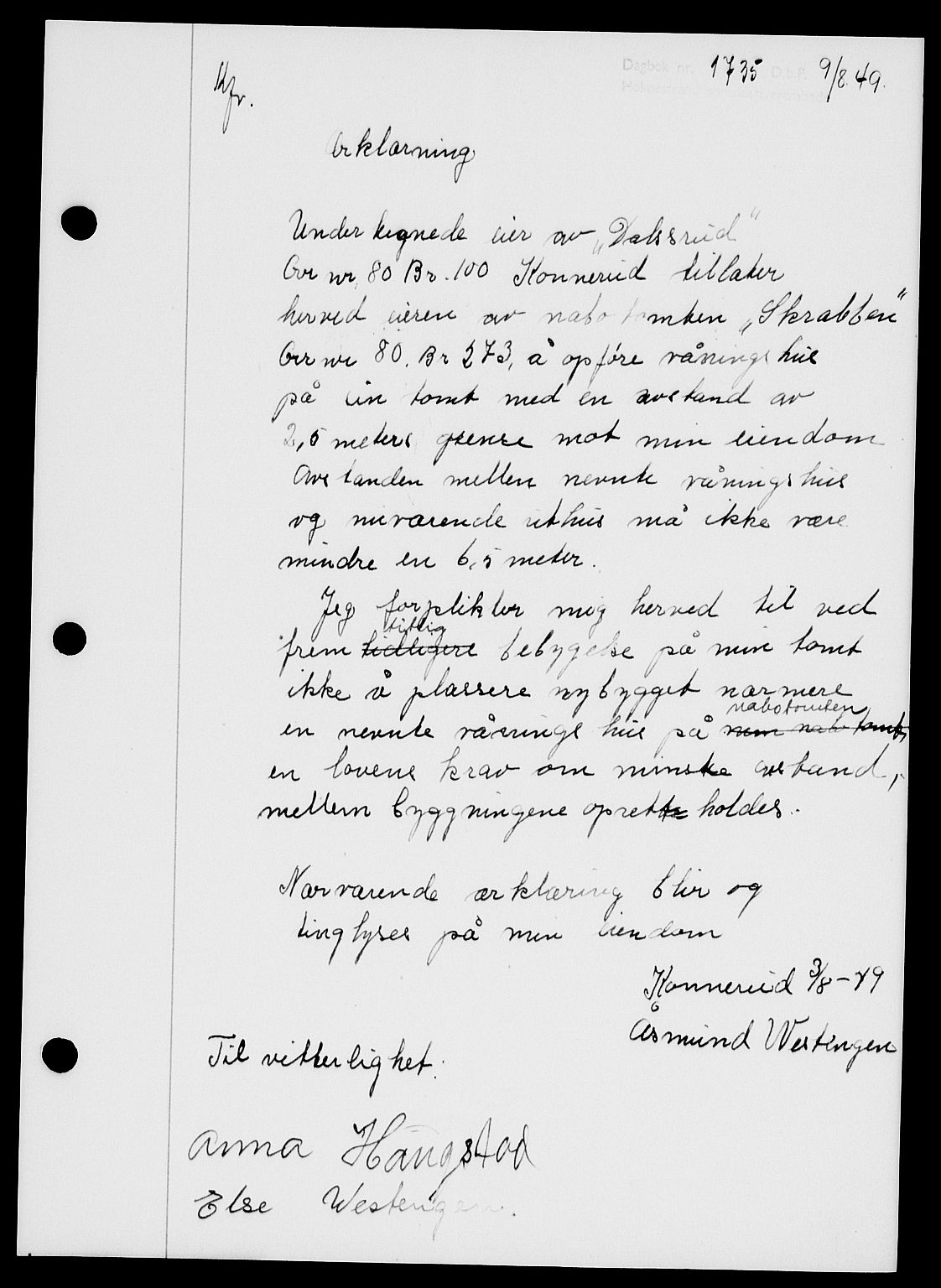 Holmestrand sorenskriveri, SAKO/A-67/G/Ga/Gaa/L0067: Pantebok nr. A-67, 1949-1949, Dagboknr: 1735/1949