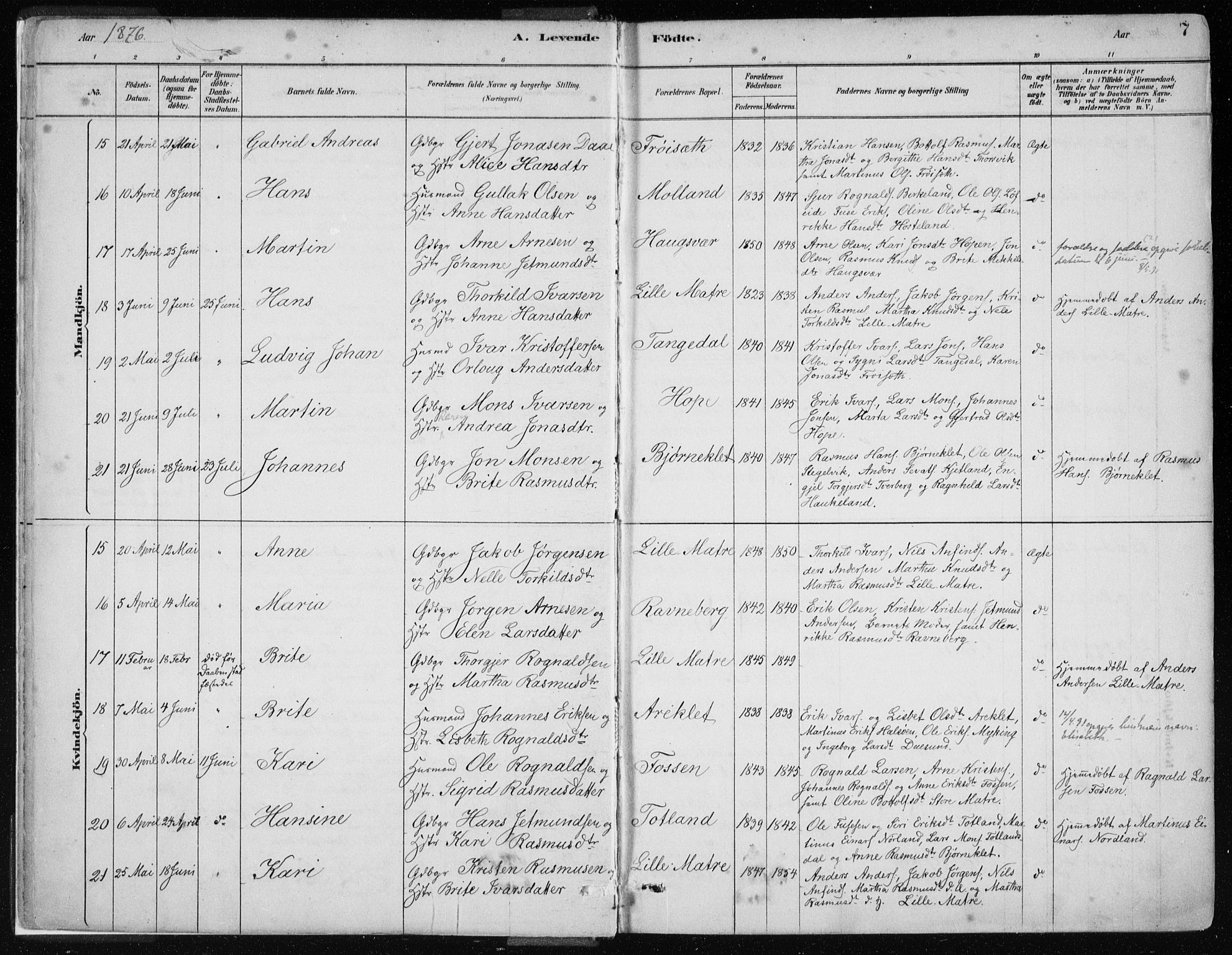 Masfjorden sokneprestembete, AV/SAB-A-77001: Ministerialbok nr. B  1, 1876-1899, s. 7