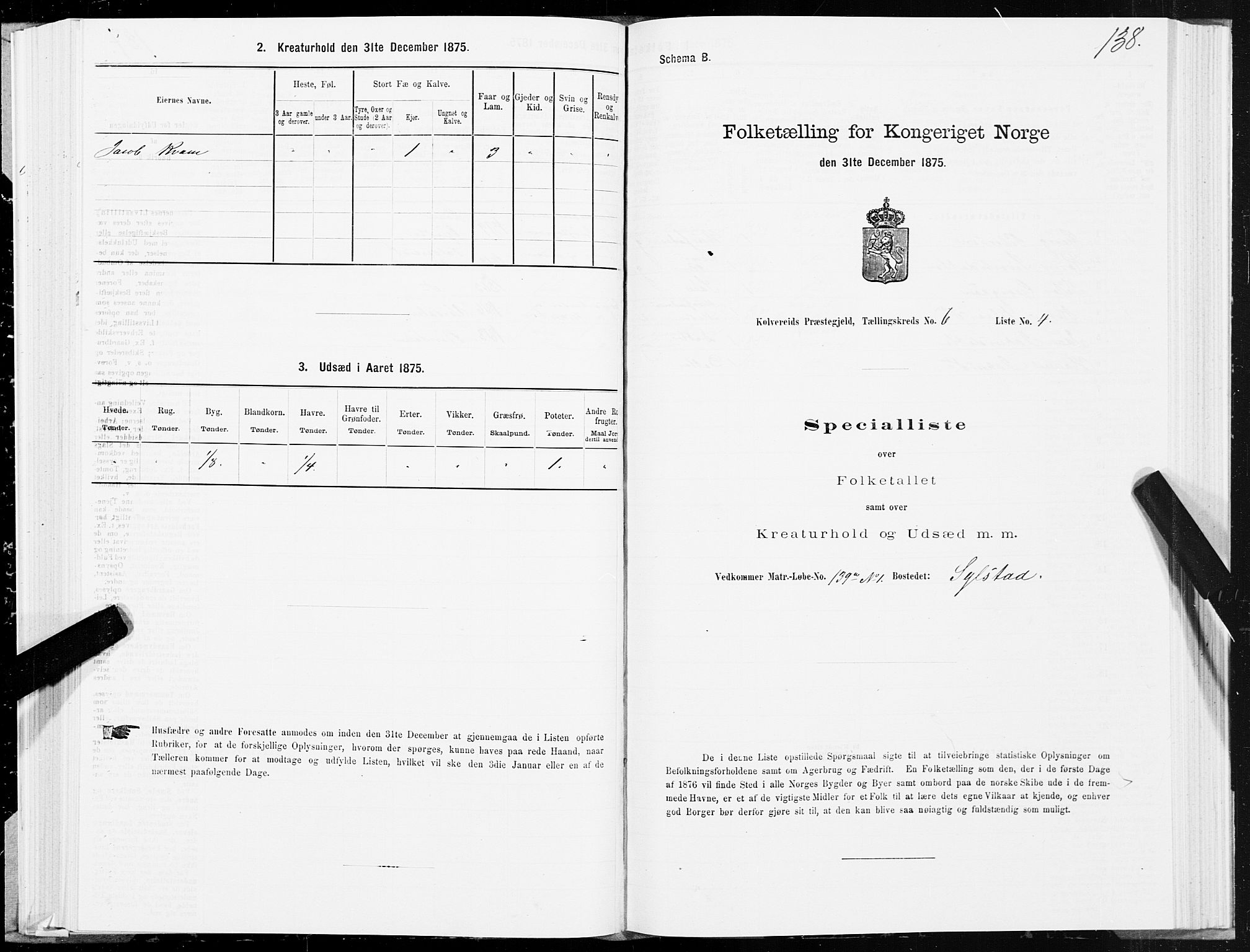 SAT, Folketelling 1875 for 1752P Kolvereid prestegjeld, 1875, s. 3138