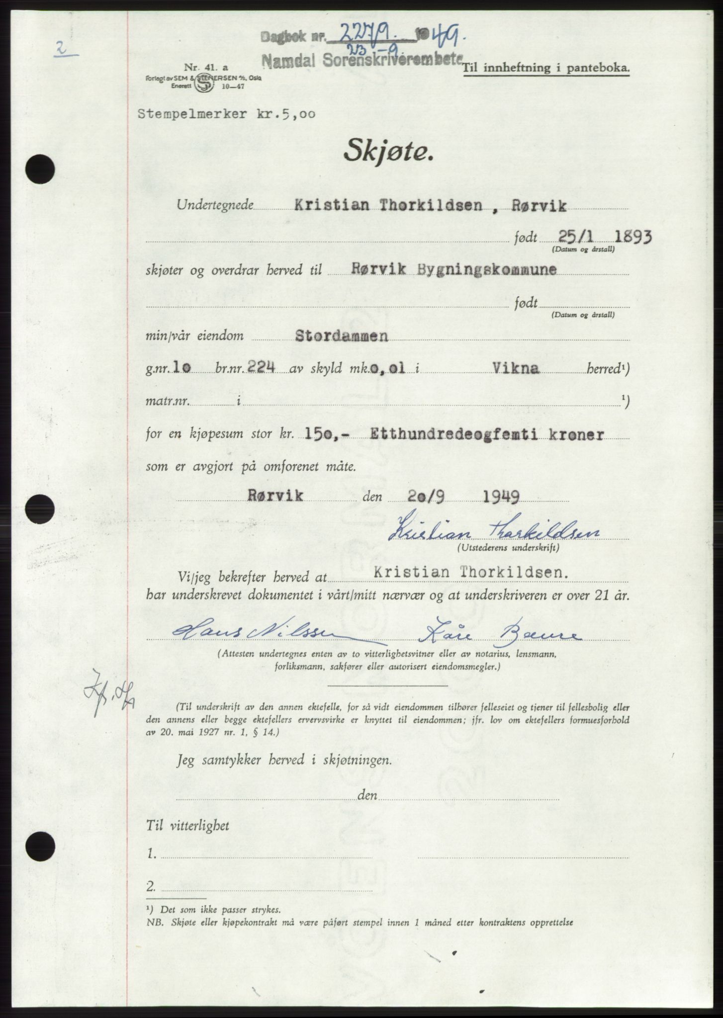 Namdal sorenskriveri, SAT/A-4133/1/2/2C: Pantebok nr. -, 1949-1949, Dagboknr: 2279/1949