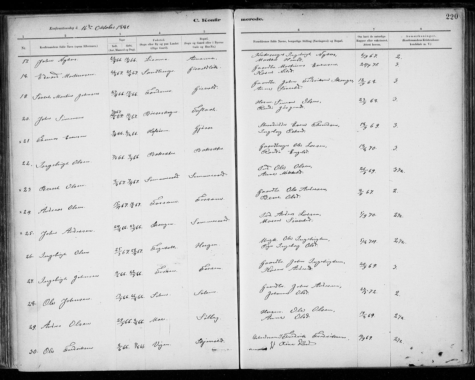 Ministerialprotokoller, klokkerbøker og fødselsregistre - Sør-Trøndelag, SAT/A-1456/668/L0809: Ministerialbok nr. 668A09, 1881-1895, s. 220