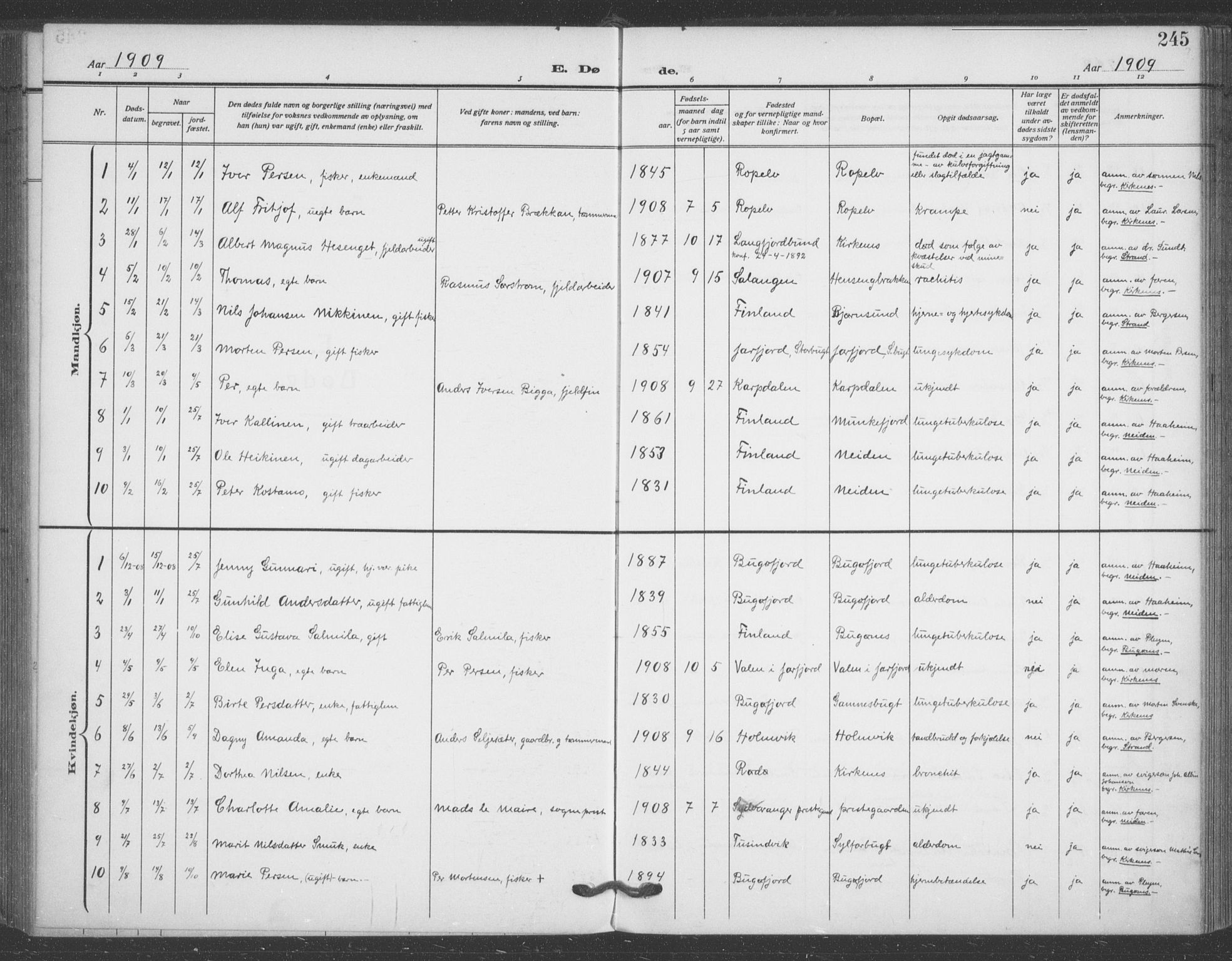 Sør-Varanger sokneprestkontor, AV/SATØ-S-1331/H/Ha/L0005kirke: Ministerialbok nr. 5, 1909-1919, s. 245