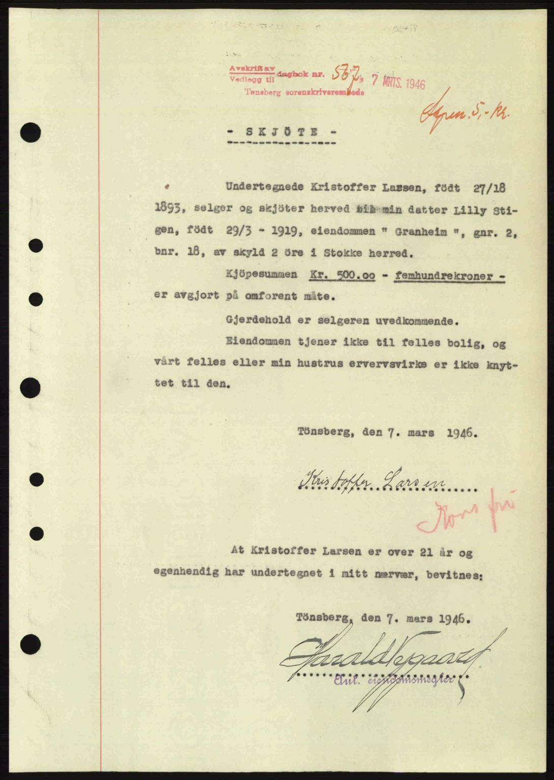 Jarlsberg sorenskriveri, SAKO/A-131/G/Ga/Gaa/L0018b: Pantebok nr. A-18b, 1946-1946, Dagboknr: 567/1946