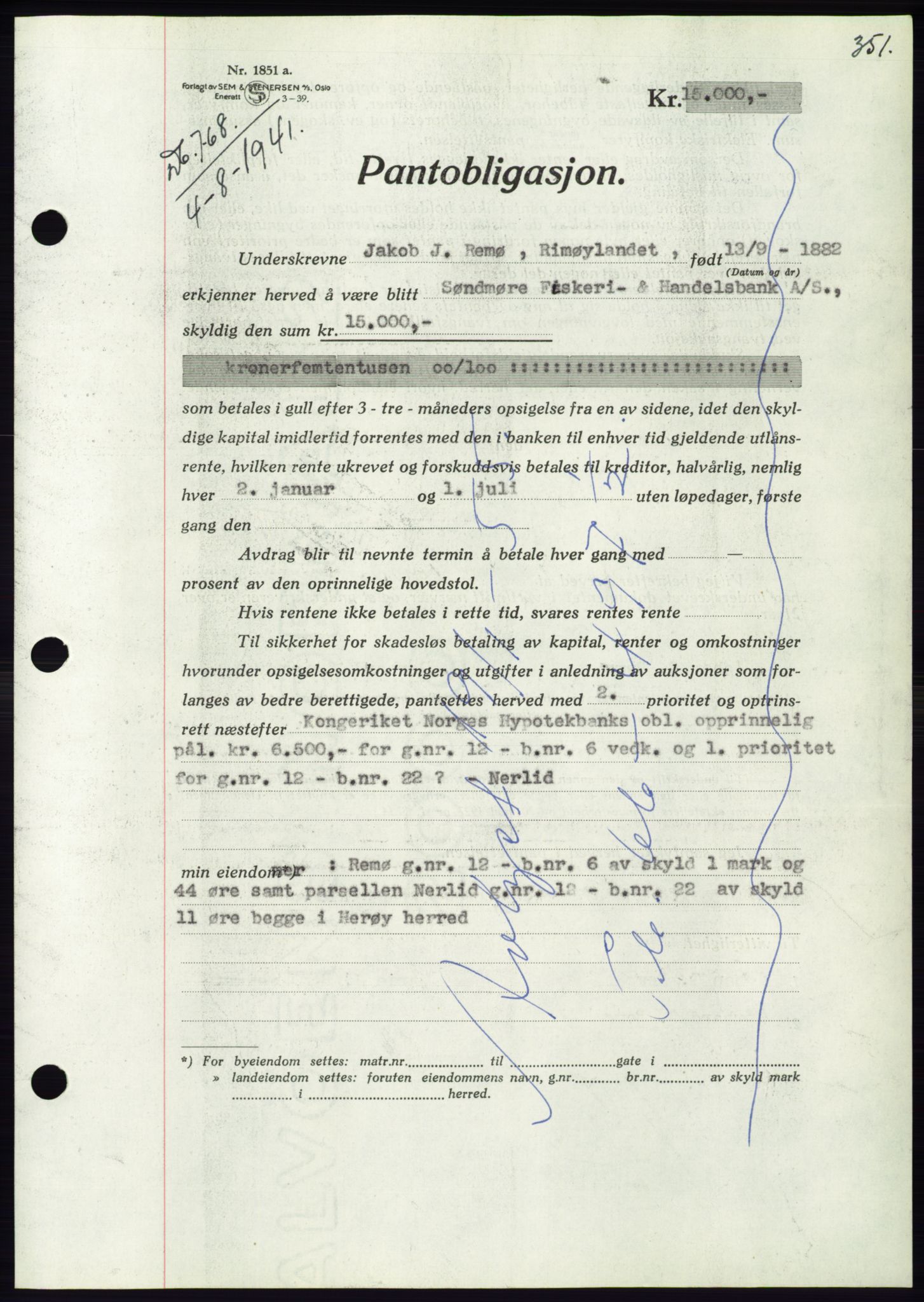 Søre Sunnmøre sorenskriveri, AV/SAT-A-4122/1/2/2C/L0071: Pantebok nr. 65, 1941-1941, Dagboknr: 768/1941