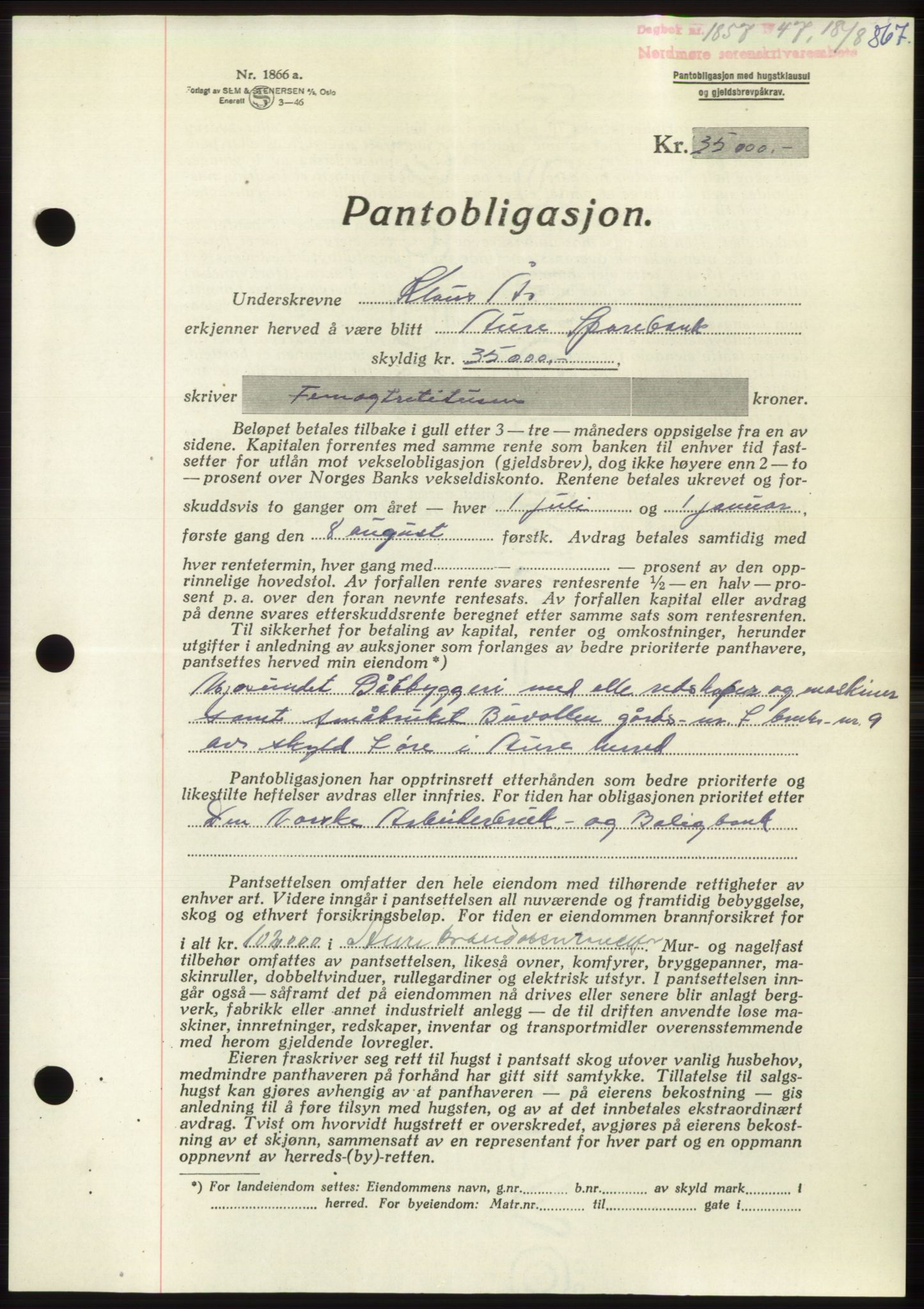 Nordmøre sorenskriveri, SAT/A-4132/1/2/2Ca: Pantebok nr. B96, 1947-1947, Dagboknr: 1857/1947