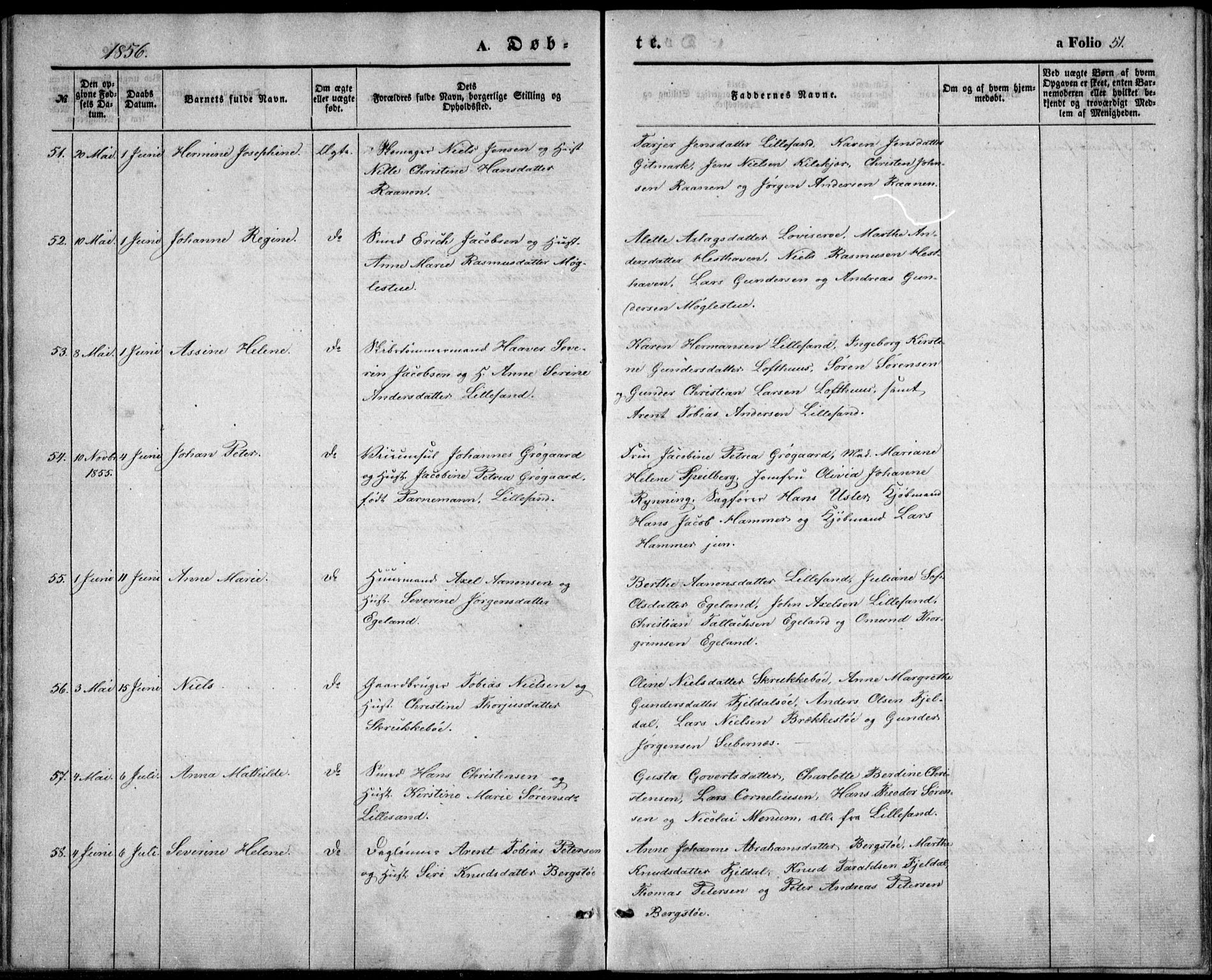 Vestre Moland sokneprestkontor, AV/SAK-1111-0046/F/Fb/Fbb/L0003: Klokkerbok nr. B 3, 1851-1861, s. 51