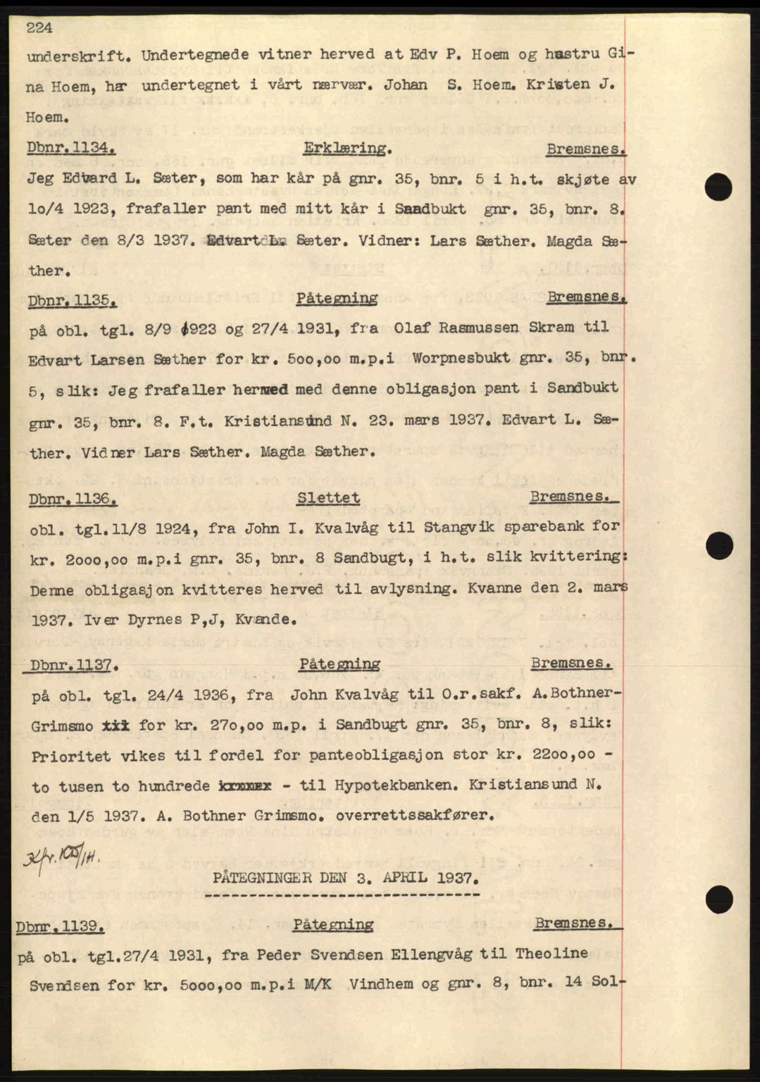 Nordmøre sorenskriveri, SAT/A-4132/1/2/2Ca: Pantebok nr. C80, 1936-1939, Dagboknr: 1134/1937