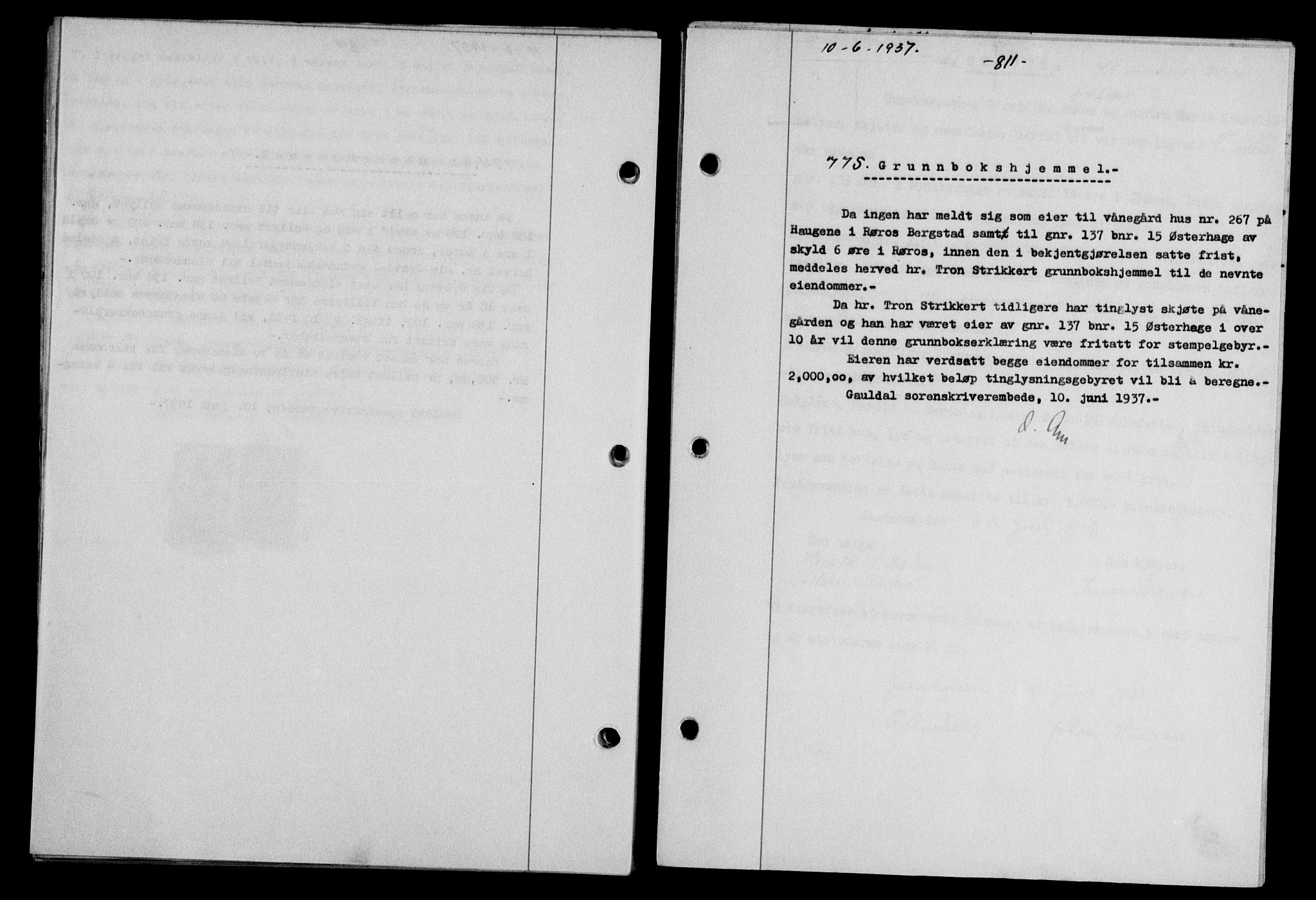Gauldal sorenskriveri, SAT/A-0014/1/2/2C/L0047: Pantebok nr. 50-51, 1937-1937, Dagboknr: 775/1937