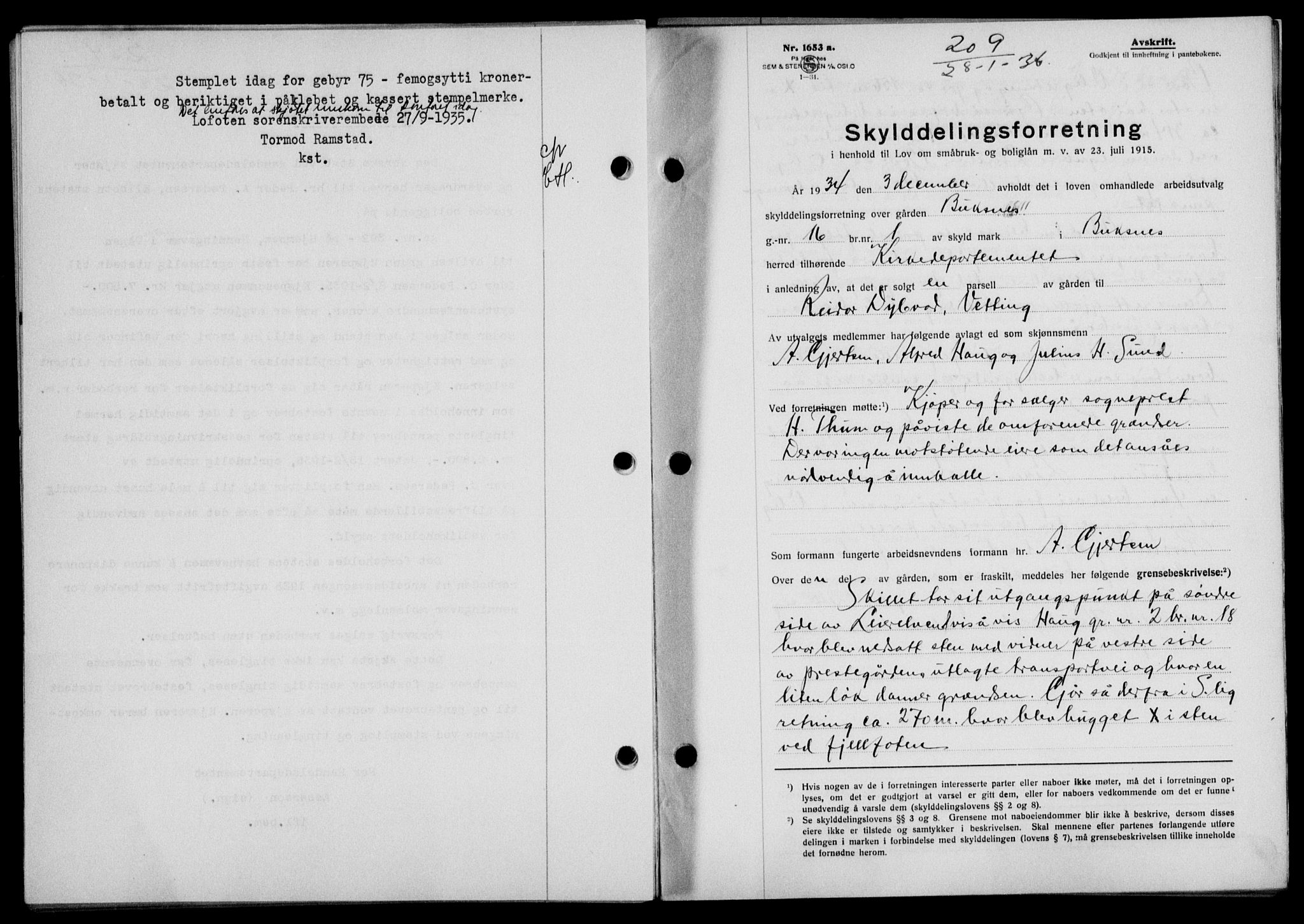 Lofoten sorenskriveri, SAT/A-0017/1/2/2C/L0033b: Pantebok nr. 33b, 1936-1936, Dagboknr: 209/1936