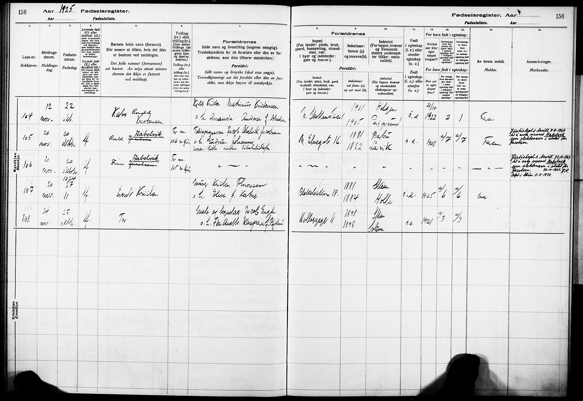 Skien kirkebøker, AV/SAKO-A-302/J/Ja/L0002: Fødselsregister nr. 2, 1921-1927, s. 156