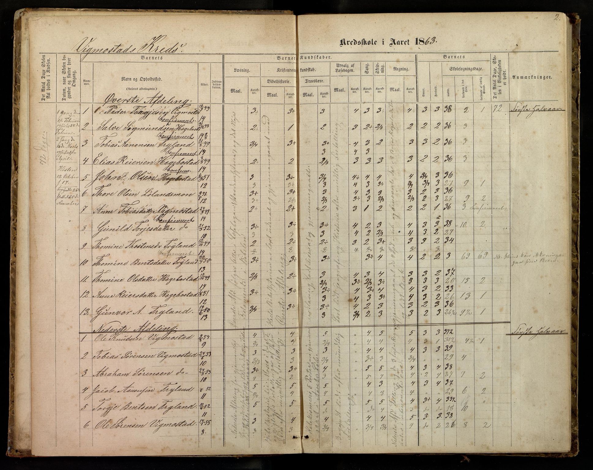 Nord-Audnedal kommune - Vigmostad Skole, ARKSOR/1027NA551/H/L0001: Skoleprotokoll, 1863-1882