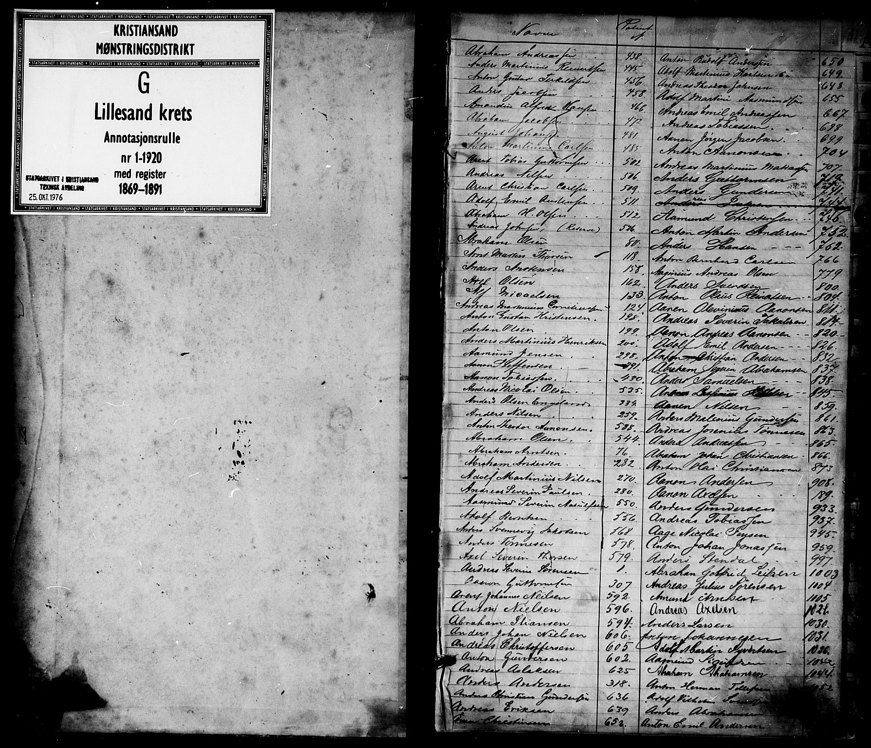 Lillesand mønstringskrets, SAK/2031-0014/F/Fa/L0004: Annotasjonsrulle nr 1-1920 med register, G-1, 1869-1891, s. 1