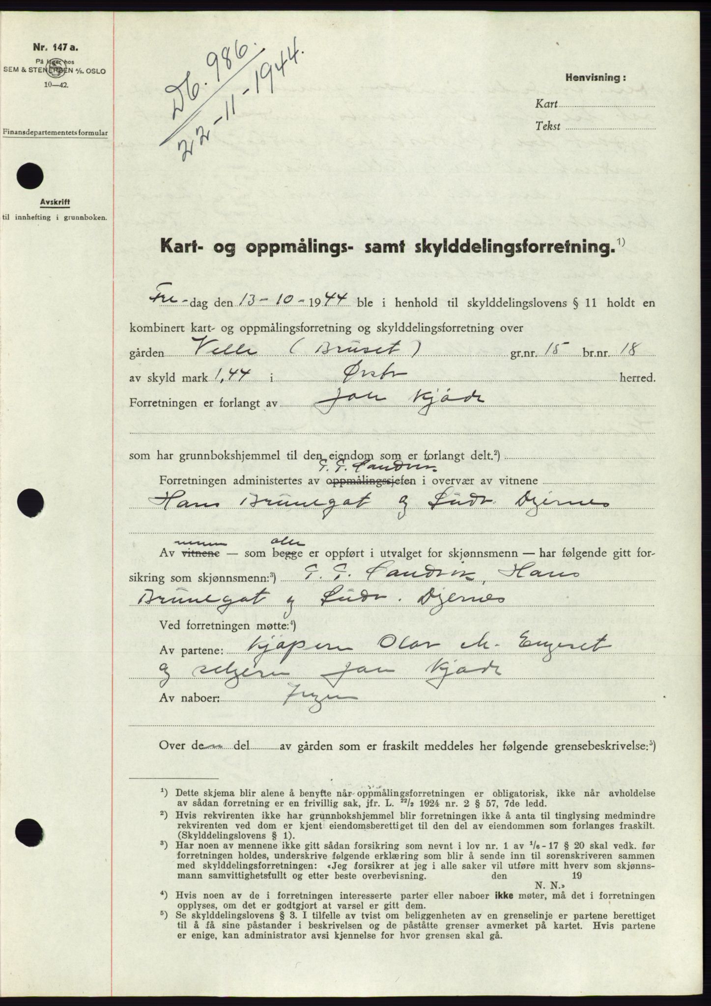 Søre Sunnmøre sorenskriveri, SAT/A-4122/1/2/2C/L0076: Pantebok nr. 2A, 1943-1944, Dagboknr: 986/1944