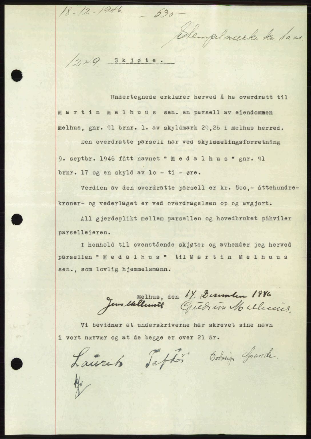 Gauldal sorenskriveri, SAT/A-0014/1/2/2C: Pantebok nr. A2, 1946-1946, Dagboknr: 1249/1946