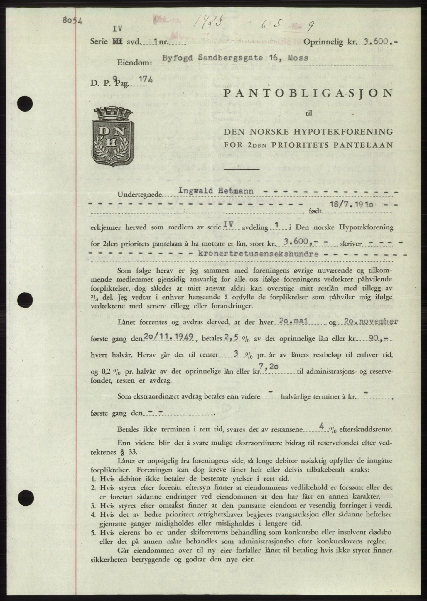 Moss sorenskriveri, SAO/A-10168: Pantebok nr. B21, 1949-1949, Dagboknr: 1423/1949