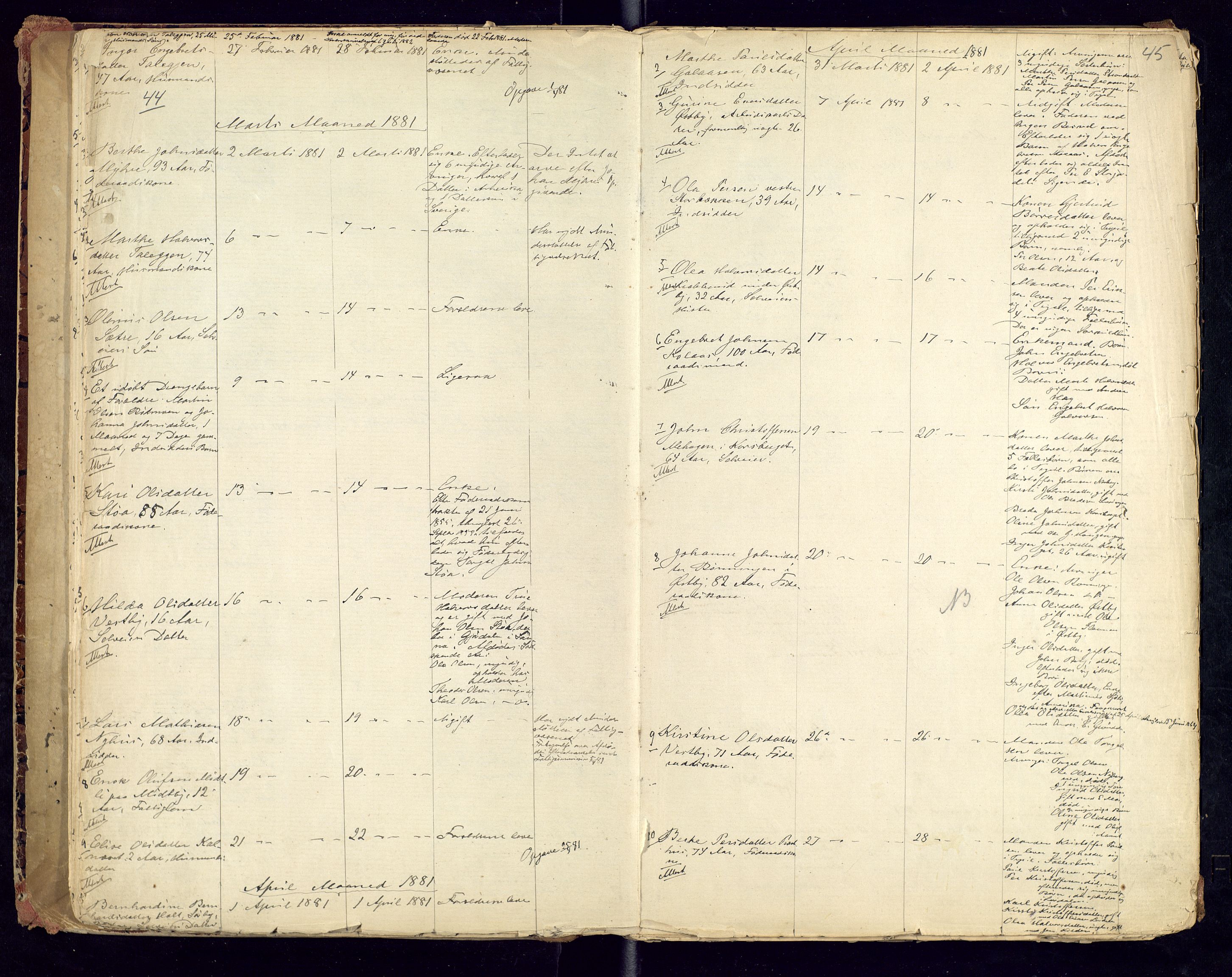 Trysil lensmannskontor, SAH/LHT-026/H/Ha/L0001: Dødsfallsprotokoll, 1875-1901, s. 44-45