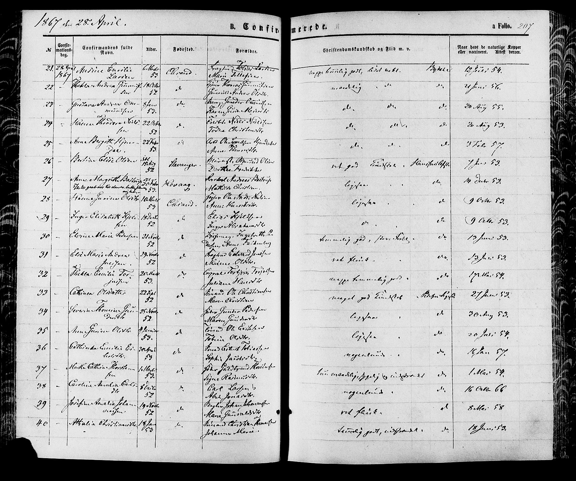 Kristiansand domprosti, AV/SAK-1112-0006/F/Fa/L0015: Ministerialbok nr. A 15, 1867-1880, s. 207