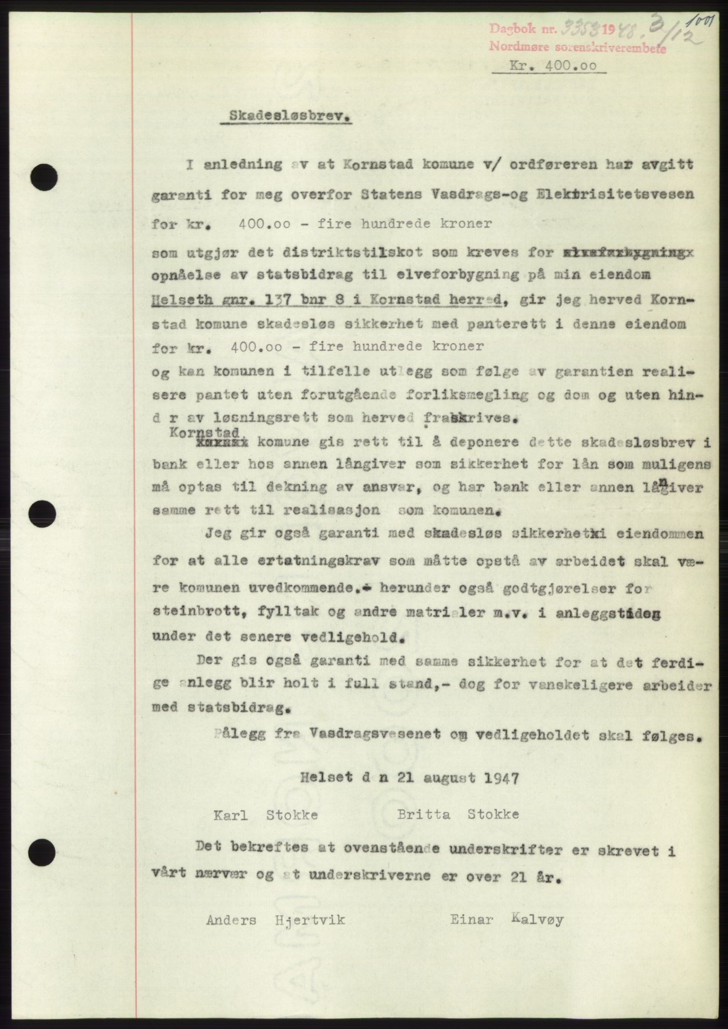 Nordmøre sorenskriveri, SAT/A-4132/1/2/2Ca: Pantebok nr. B100, 1948-1949, Dagboknr: 3353/1948