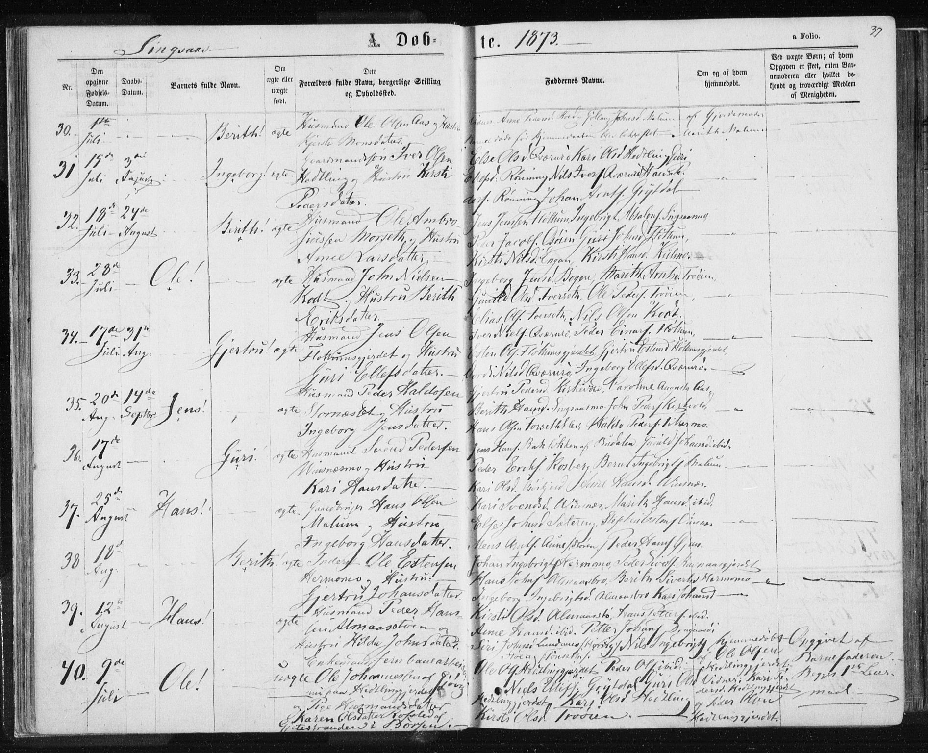 Ministerialprotokoller, klokkerbøker og fødselsregistre - Sør-Trøndelag, AV/SAT-A-1456/685/L0970: Ministerialbok nr. 685A08 /2, 1870-1878, s. 37