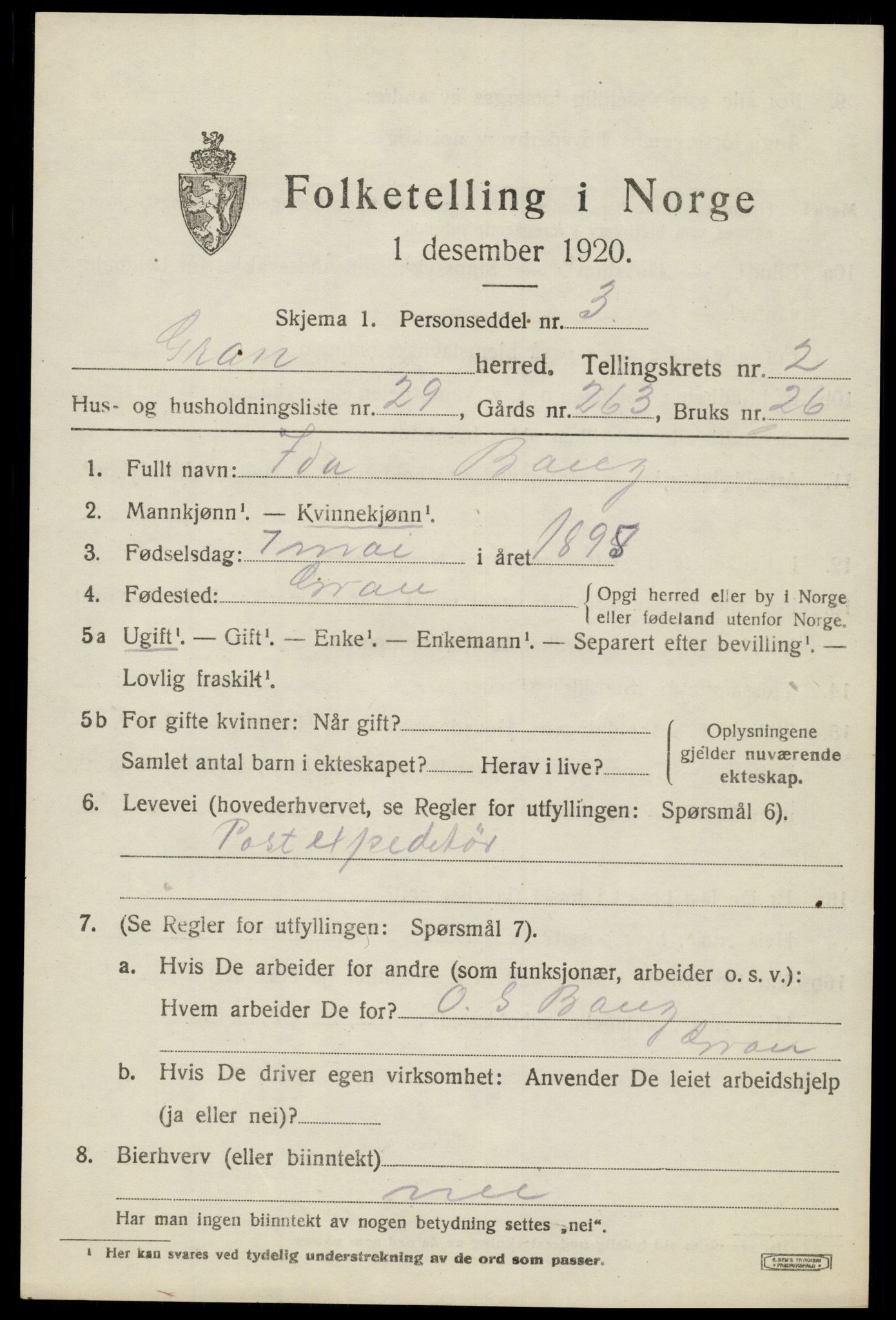SAH, Folketelling 1920 for 0534 Gran herred, 1920, s. 3478
