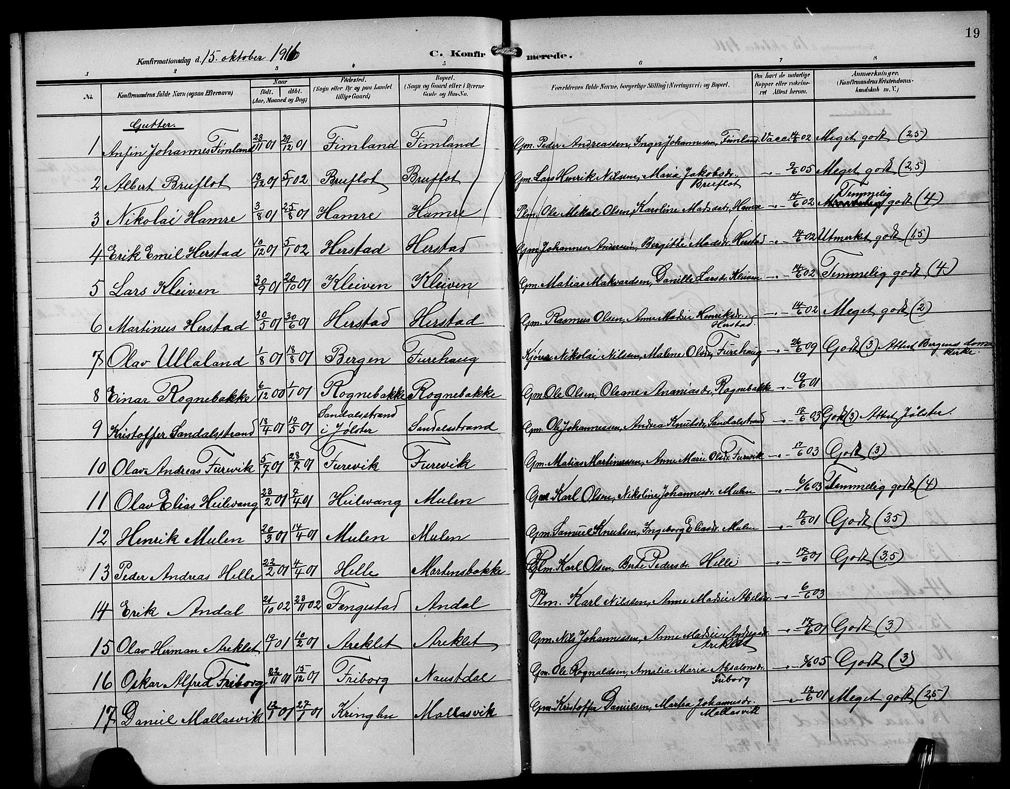 Førde sokneprestembete, AV/SAB-A-79901/H/Hab/Habd/L0007: Klokkerbok nr. D 7, 1912-1922, s. 19