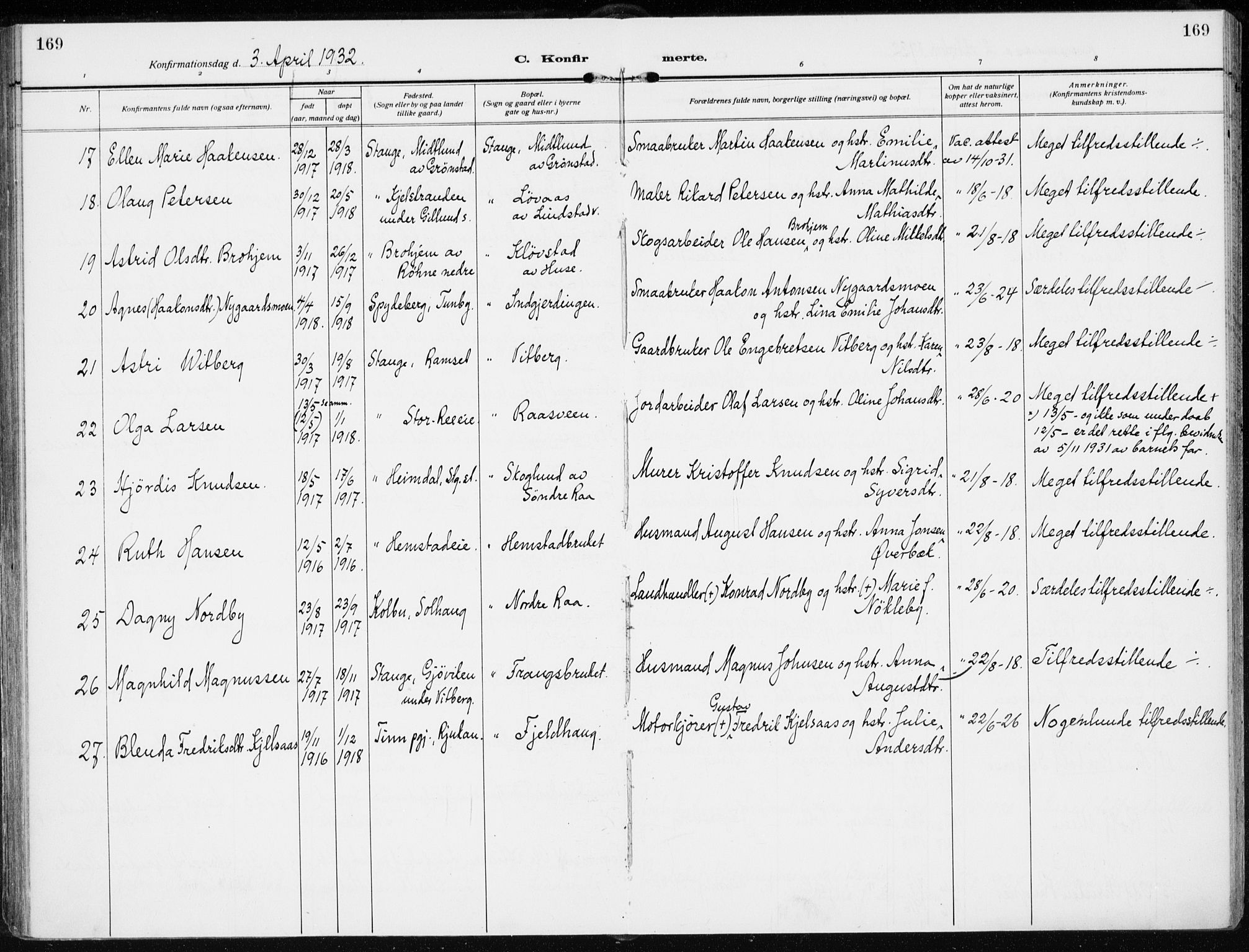 Stange prestekontor, AV/SAH-PREST-002/K/L0026: Ministerialbok nr. 26, 1923-1937, s. 169