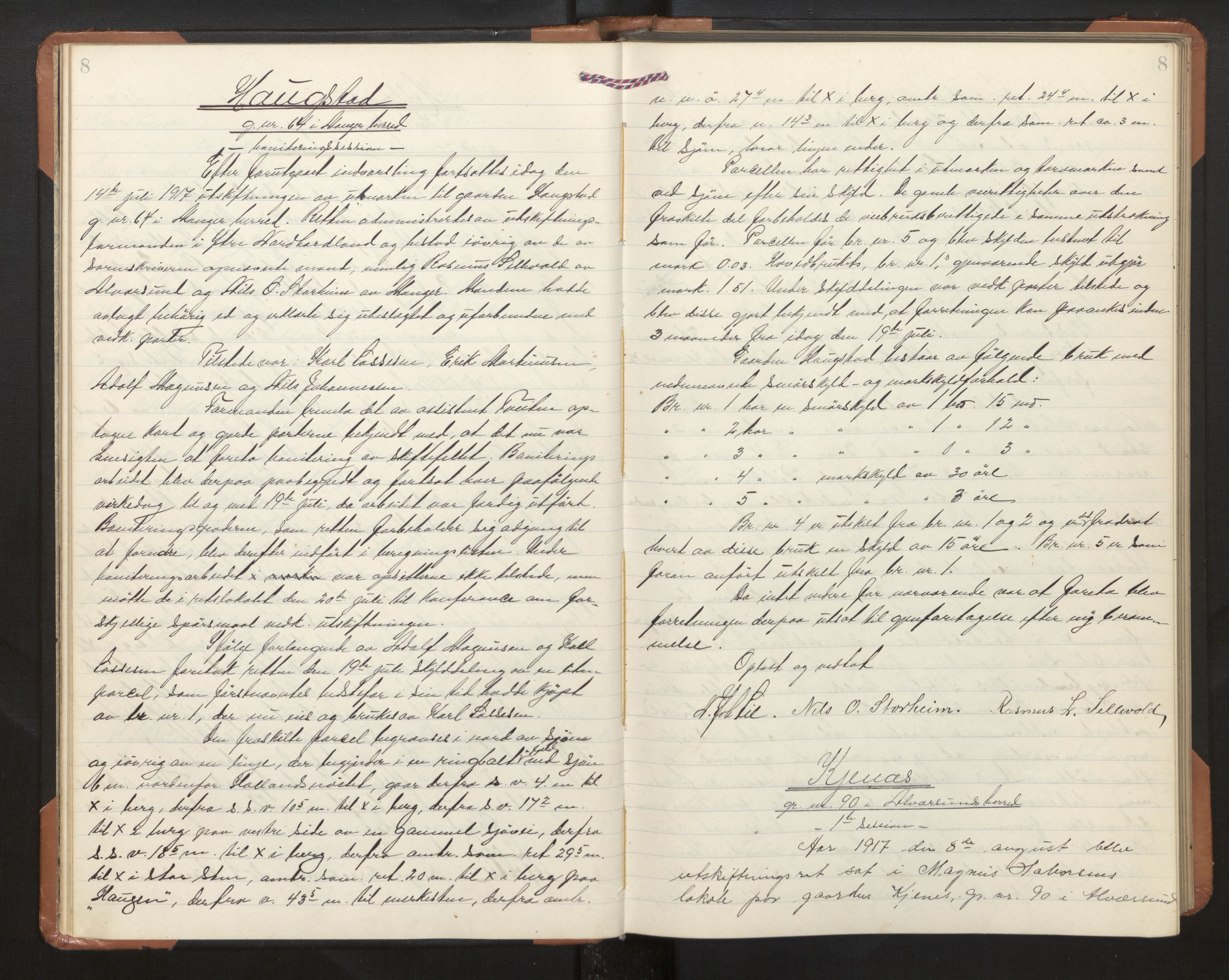 Hordaland jordskiftedøme - II Ytre Nordhordland jordskiftedistrikt, AV/SAB-A-6901/A/Aa/L0030: Forhandlingsprotokoll, 1917-1919, s. 8