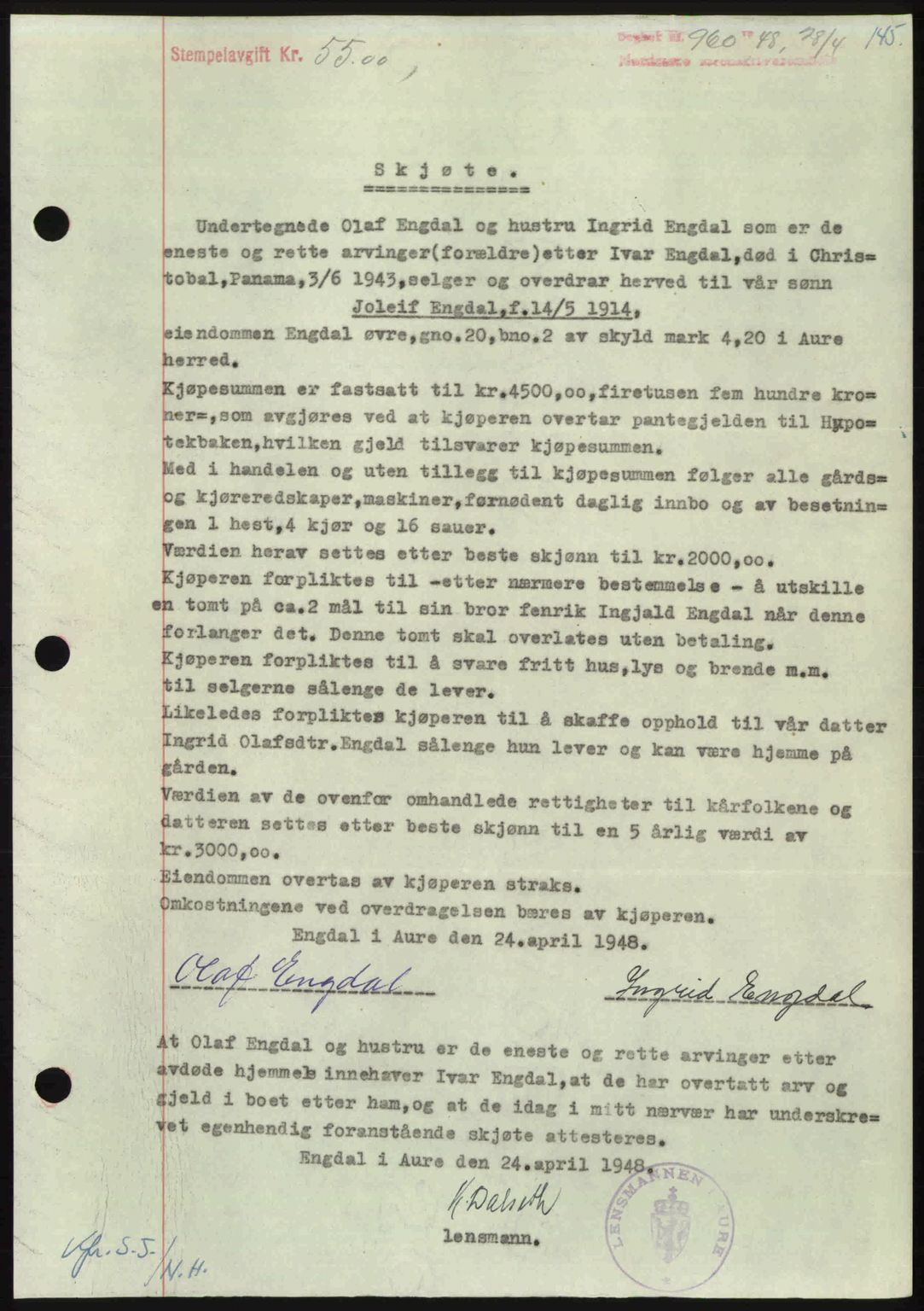 Nordmøre sorenskriveri, SAT/A-4132/1/2/2Ca: Pantebok nr. A108, 1948-1948, Dagboknr: 960/1948