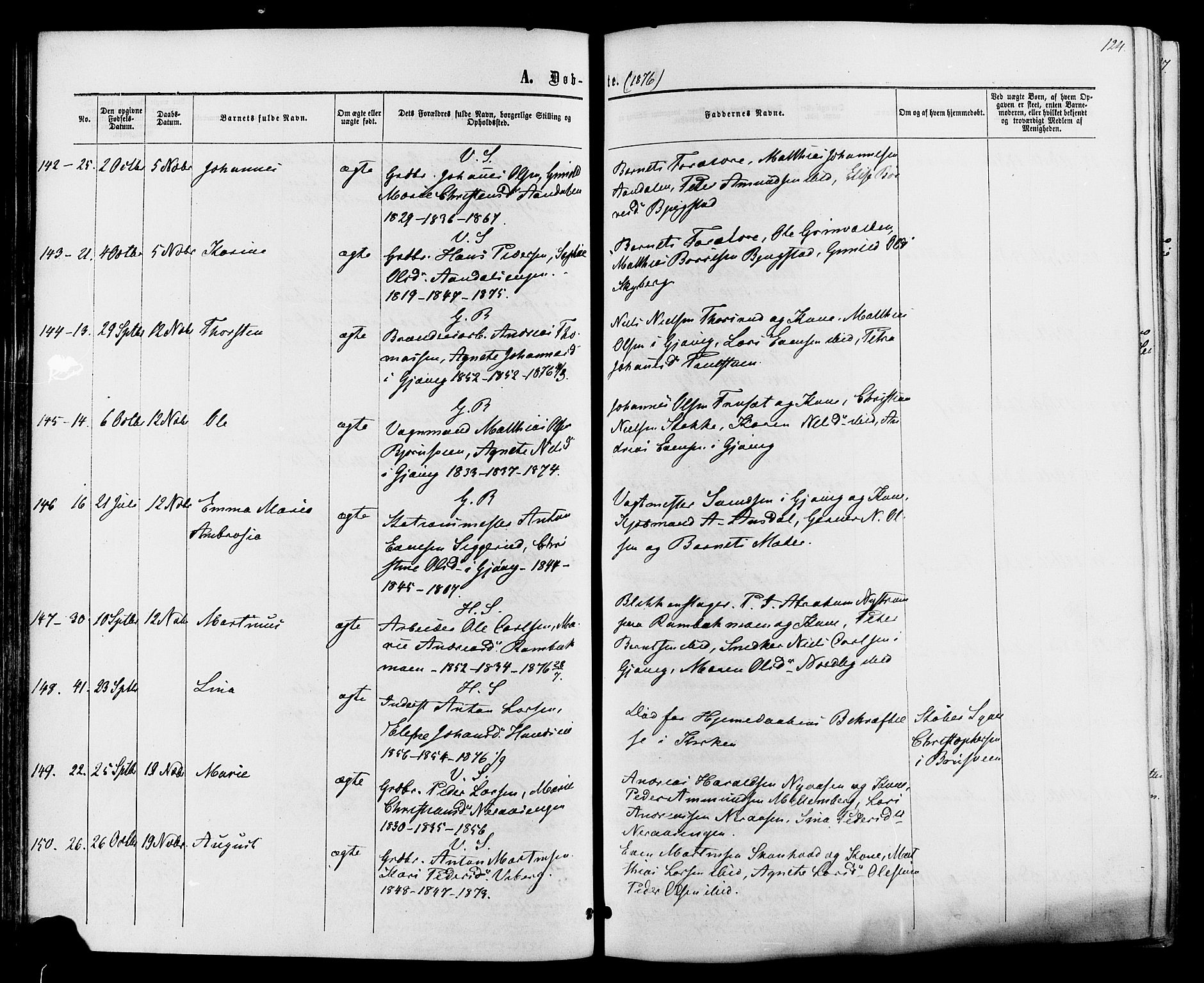 Vardal prestekontor, AV/SAH-PREST-100/H/Ha/Haa/L0007: Ministerialbok nr. 7, 1867-1878, s. 124