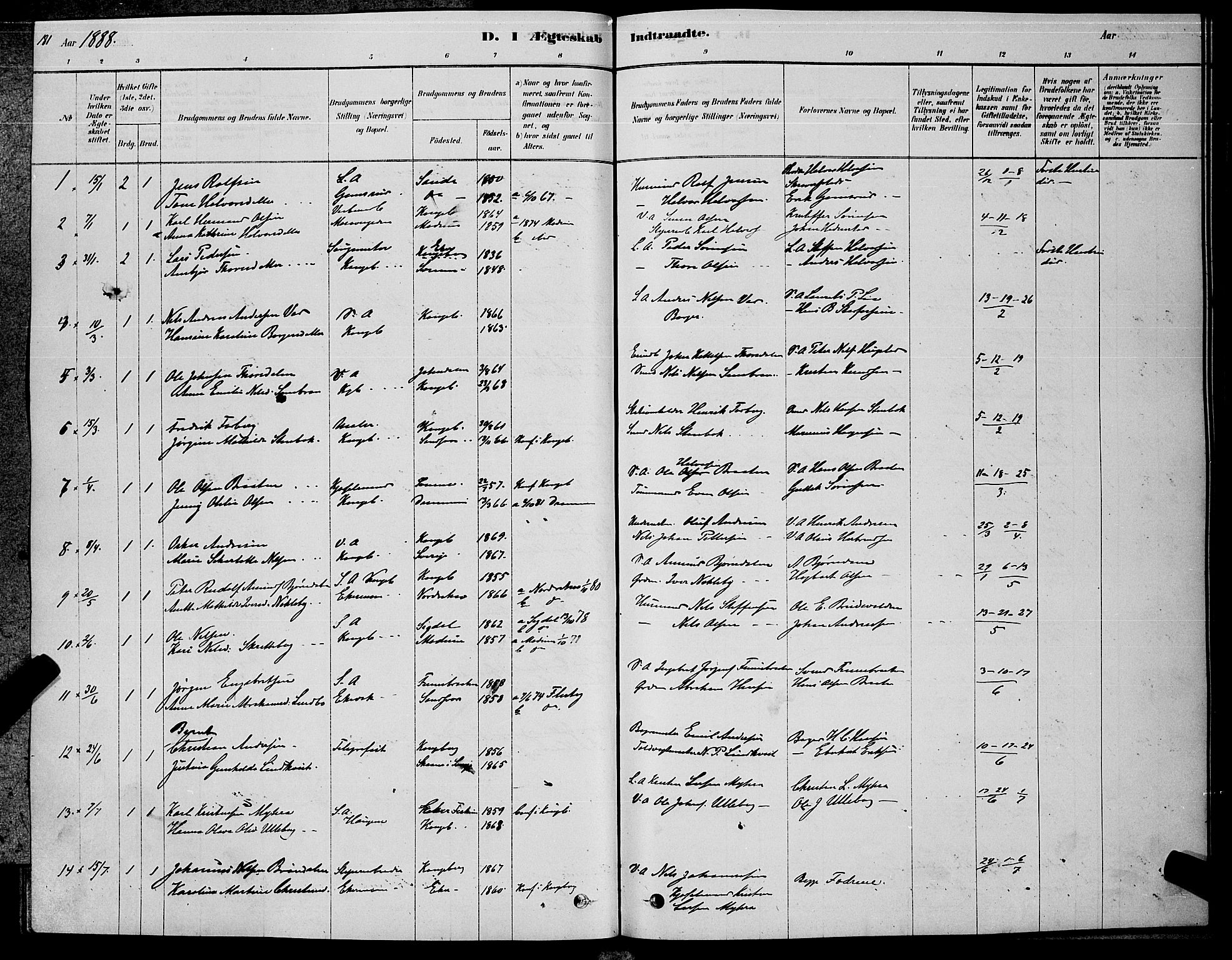 Kongsberg kirkebøker, AV/SAKO-A-22/G/Ga/L0005: Klokkerbok nr. 5, 1878-1889, s. 181