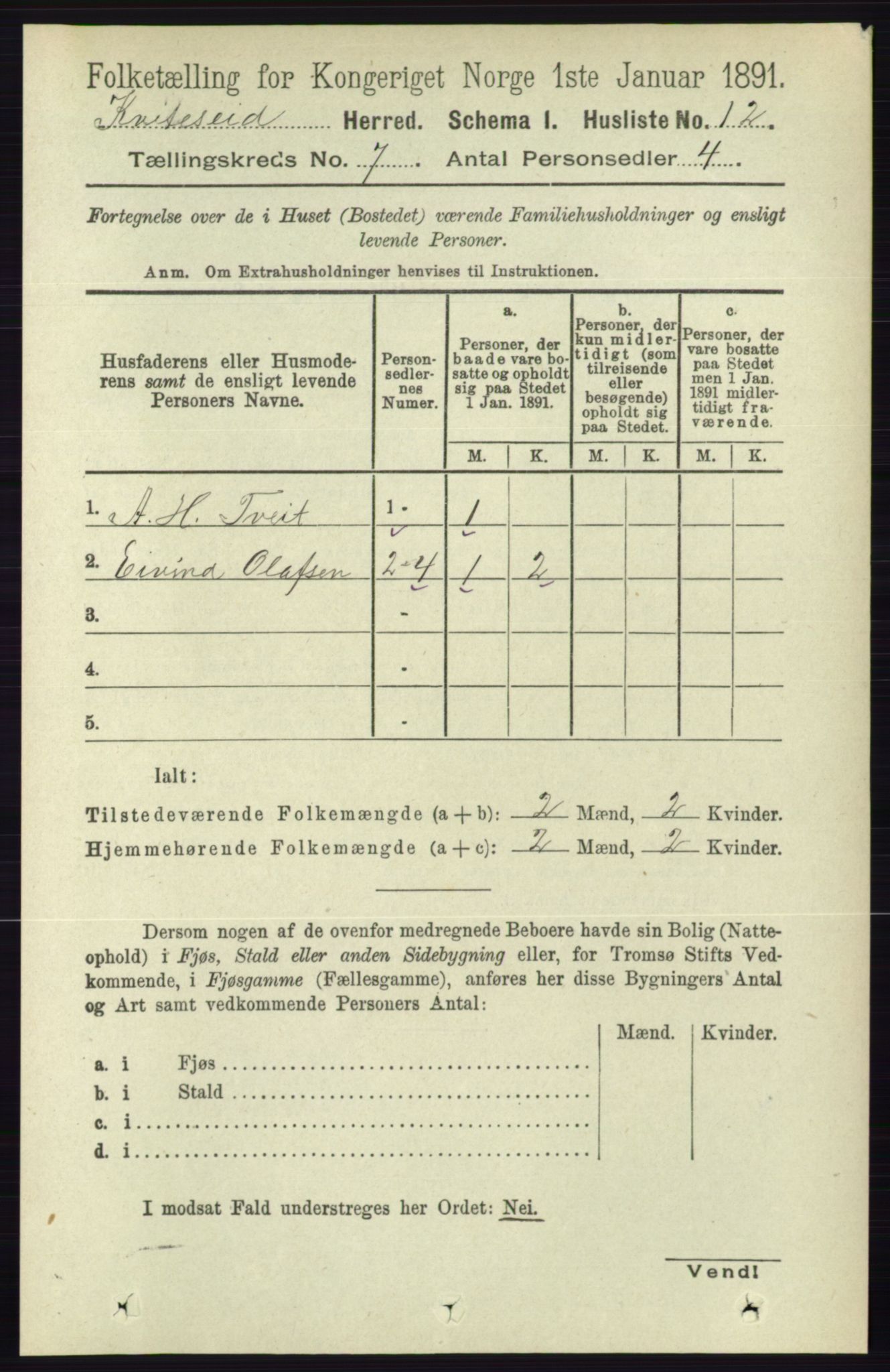 RA, Folketelling 1891 for 0829 Kviteseid herred, 1891, s. 1341