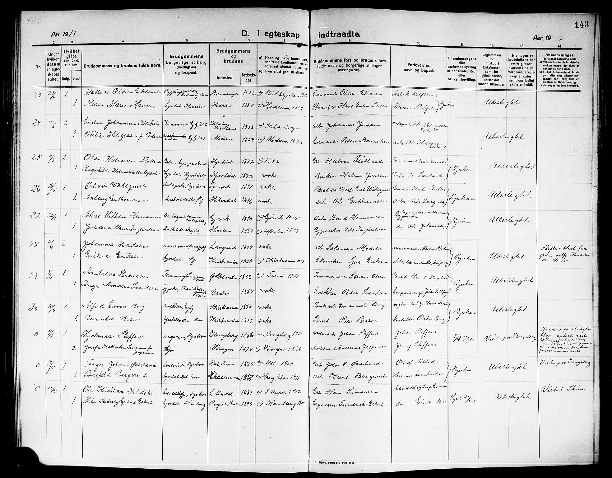Rjukan kirkebøker, AV/SAKO-A-294/G/Ga/L0002: Klokkerbok nr. 2, 1913-1920, s. 143