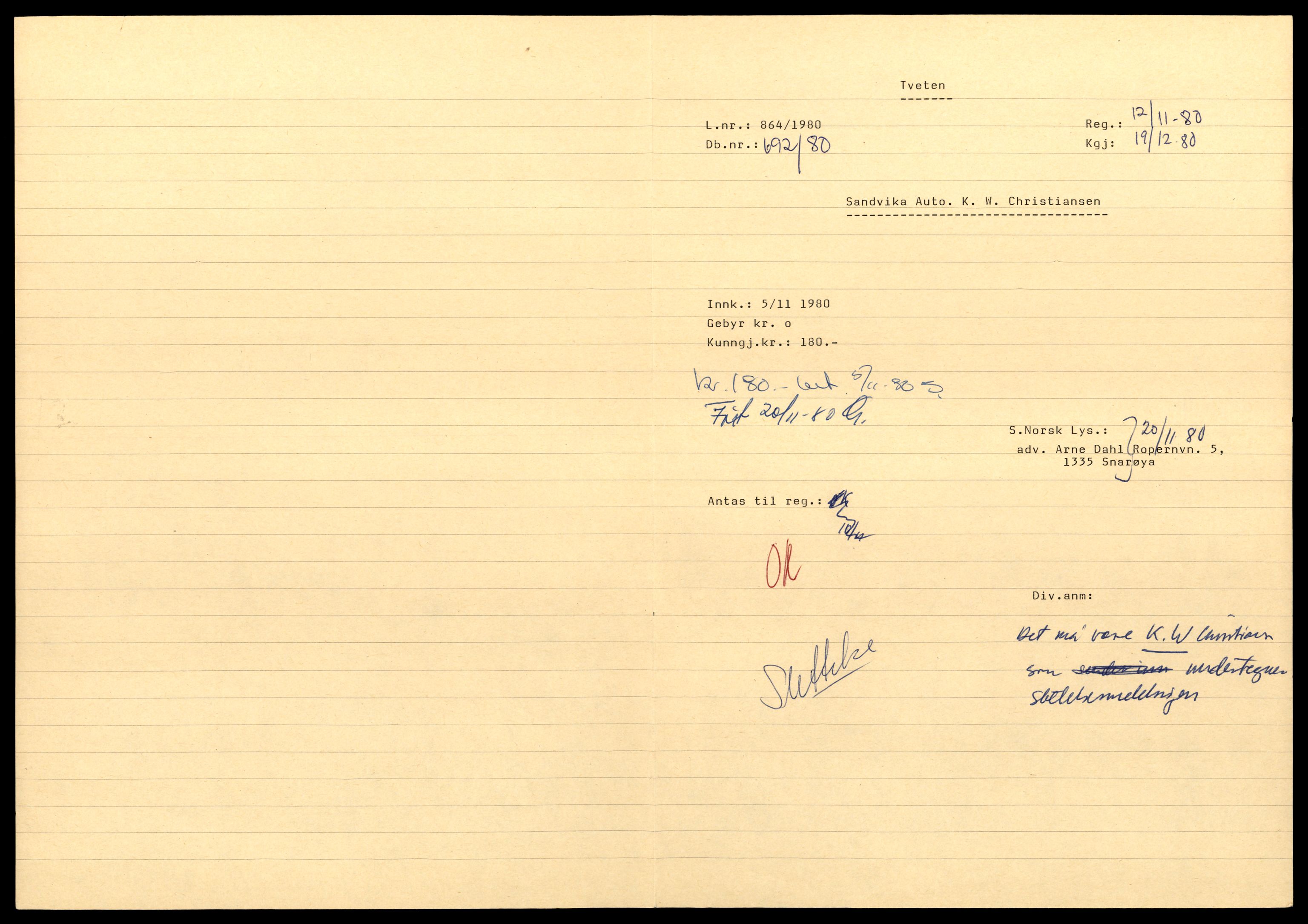 Asker og Bærum tingrett, AV/SAT-A-10379/K/Kb/Kba/L0055: Enkeltmannsforetak, aksjeselskap og andelslag, San - Sp, 1890-1985, s. 1