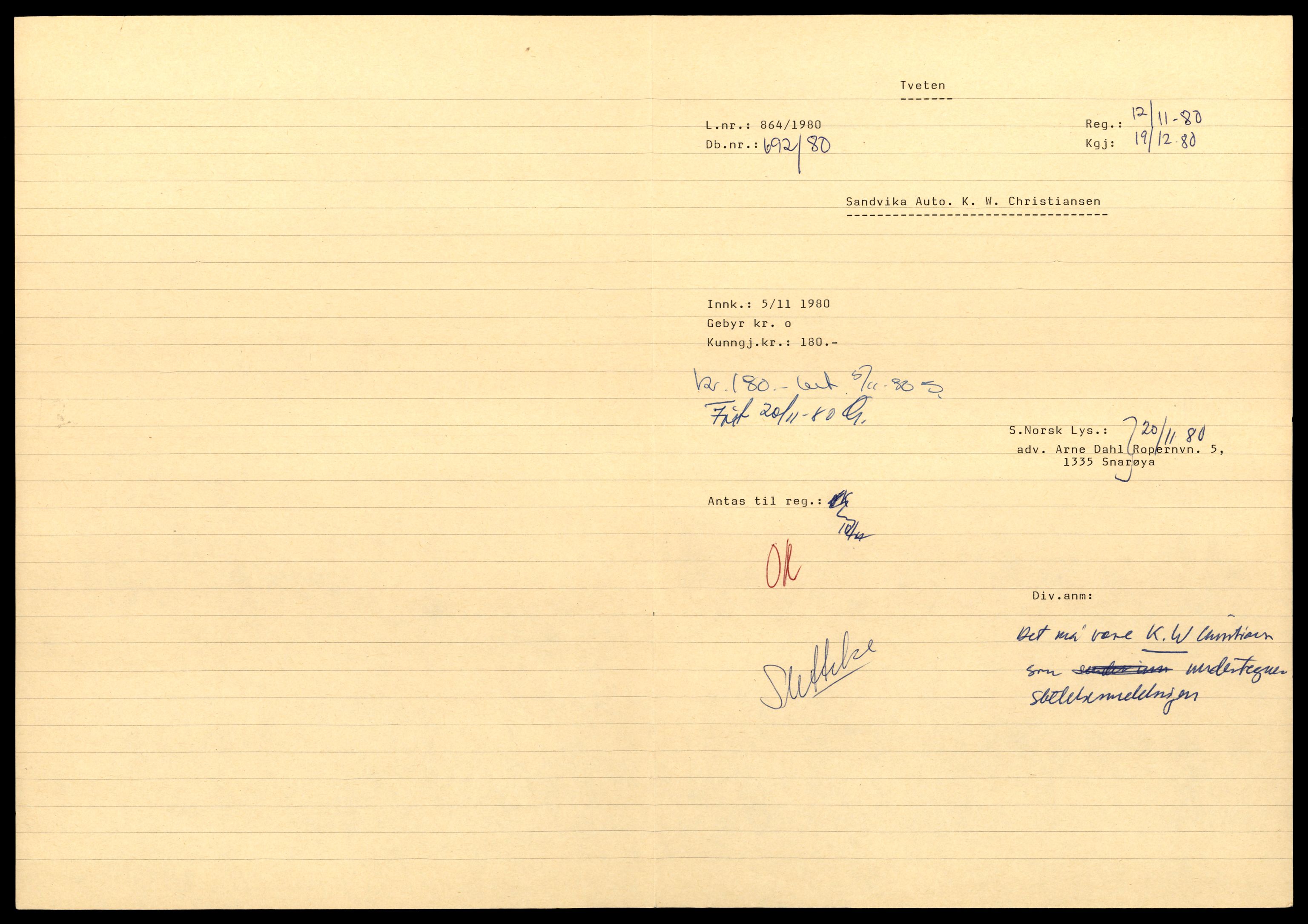 Asker og Bærum tingrett, SAT/A-10379/K/Kb/Kba/L0055: Enkeltmannsforetak, aksjeselskap og andelslag, San - Sp, 1890-1985, s. 1