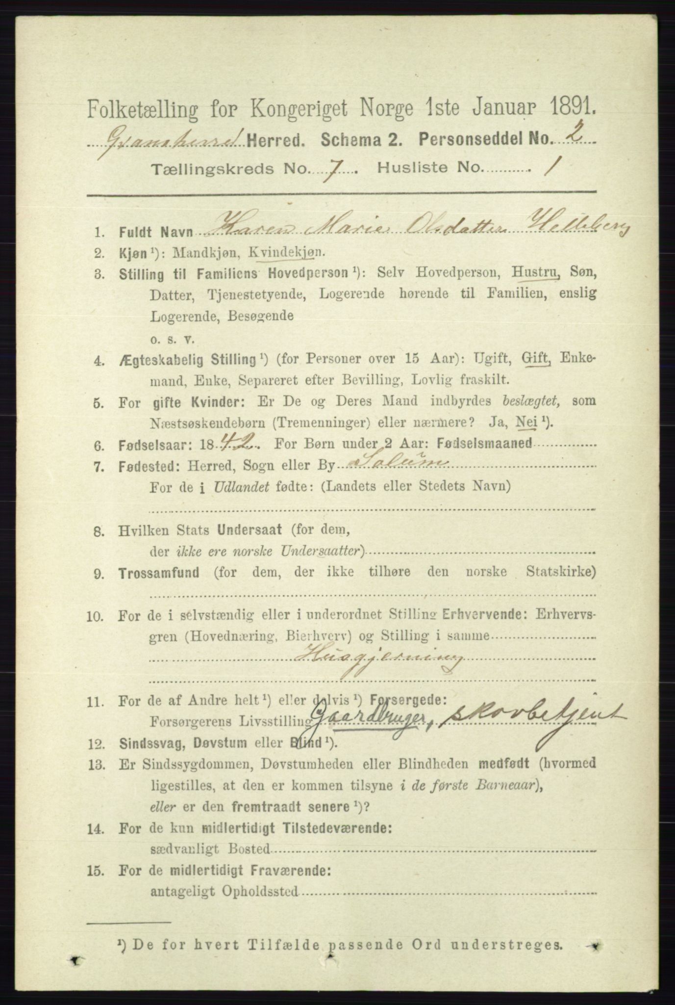 RA, Folketelling 1891 for 0824 Gransherad herred, 1891, s. 1191