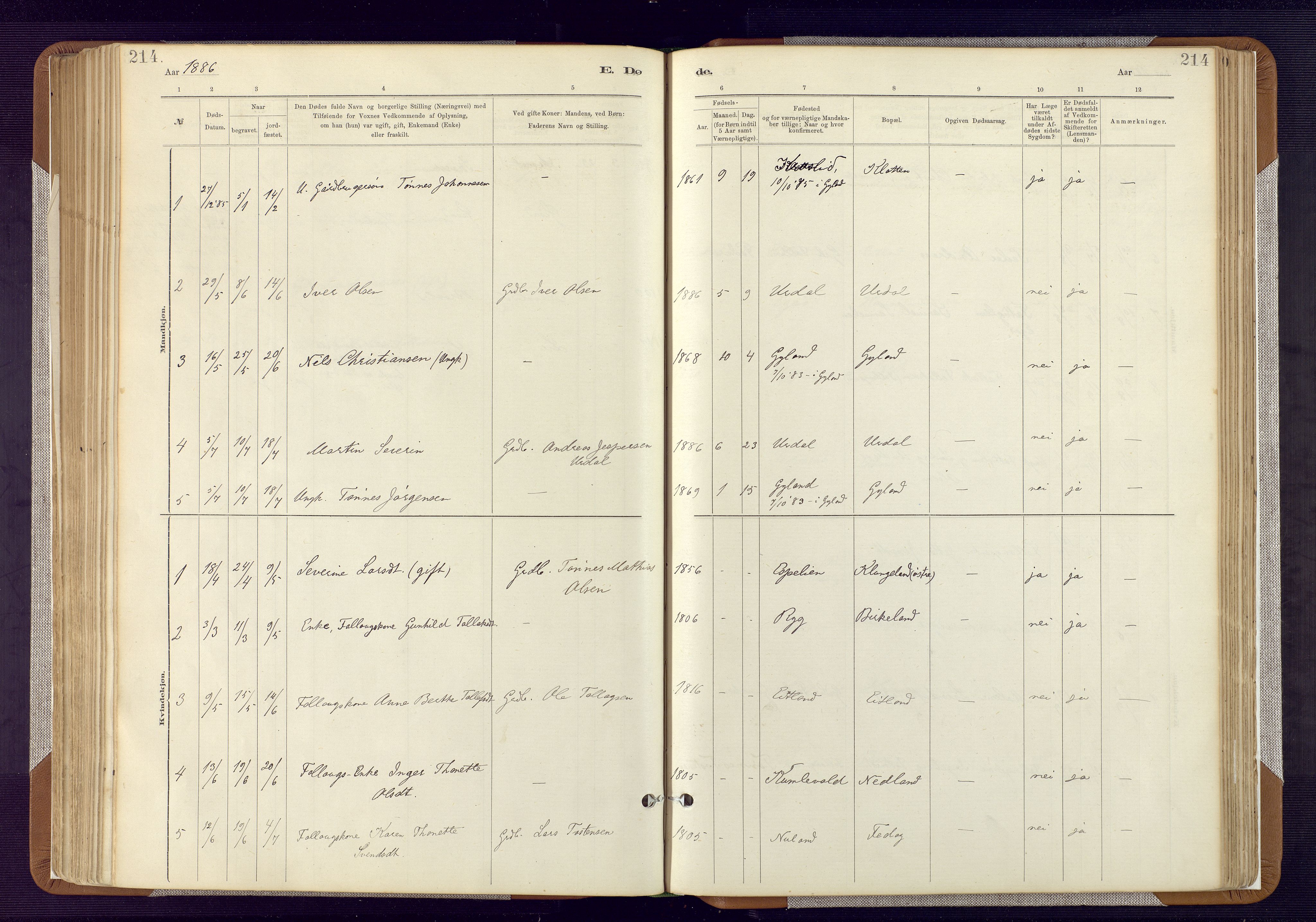 Bakke sokneprestkontor, SAK/1111-0002/F/Fa/Fab/L0003: Ministerialbok nr. A 3, 1884-1921, s. 214