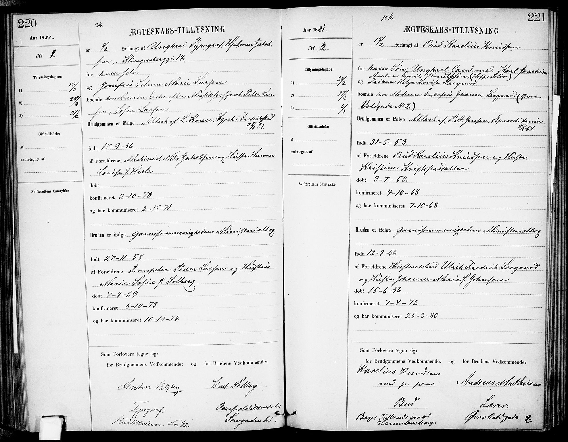 Garnisonsmenigheten Kirkebøker, AV/SAO-A-10846/H/Ha/L0007: Lysningsprotokoll nr. I 7, 1872-1893, s. 220-221