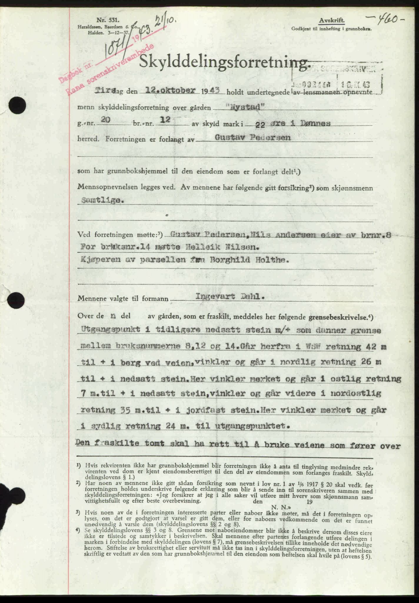 Rana sorenskriveri , SAT/A-1108/1/2/2C: Pantebok nr. A 10, 1942-1943, Dagboknr: 1071/1943
