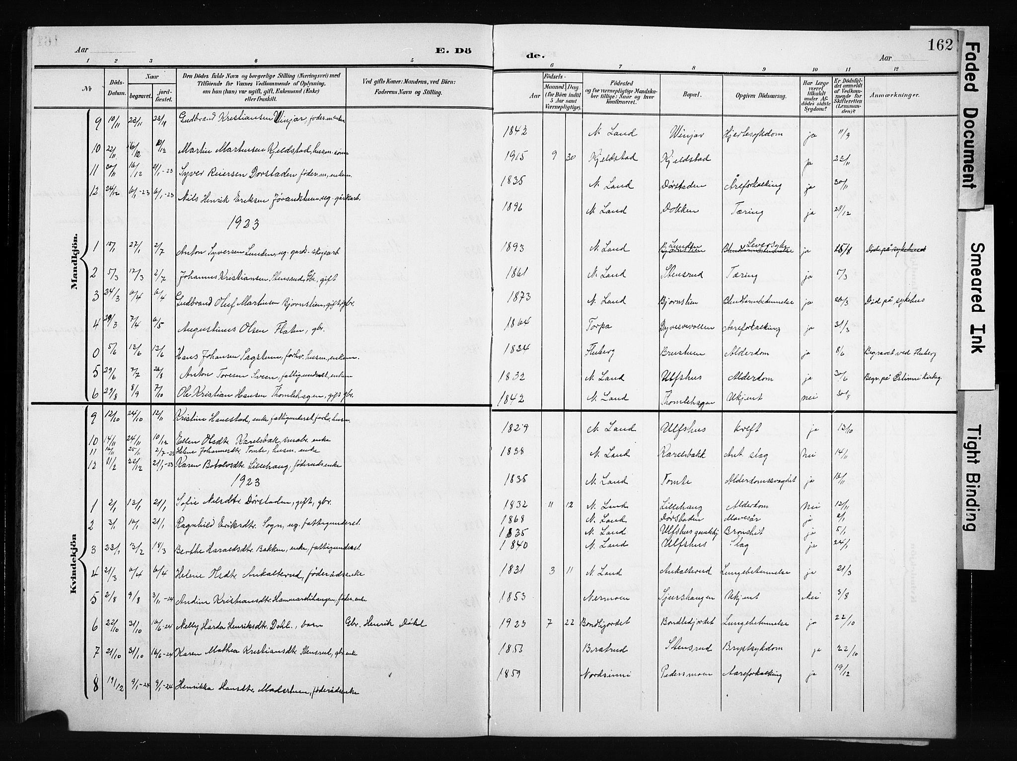 Nordre Land prestekontor, AV/SAH-PREST-124/H/Ha/Hab/L0006: Klokkerbok nr. 6, 1905-1929, s. 162