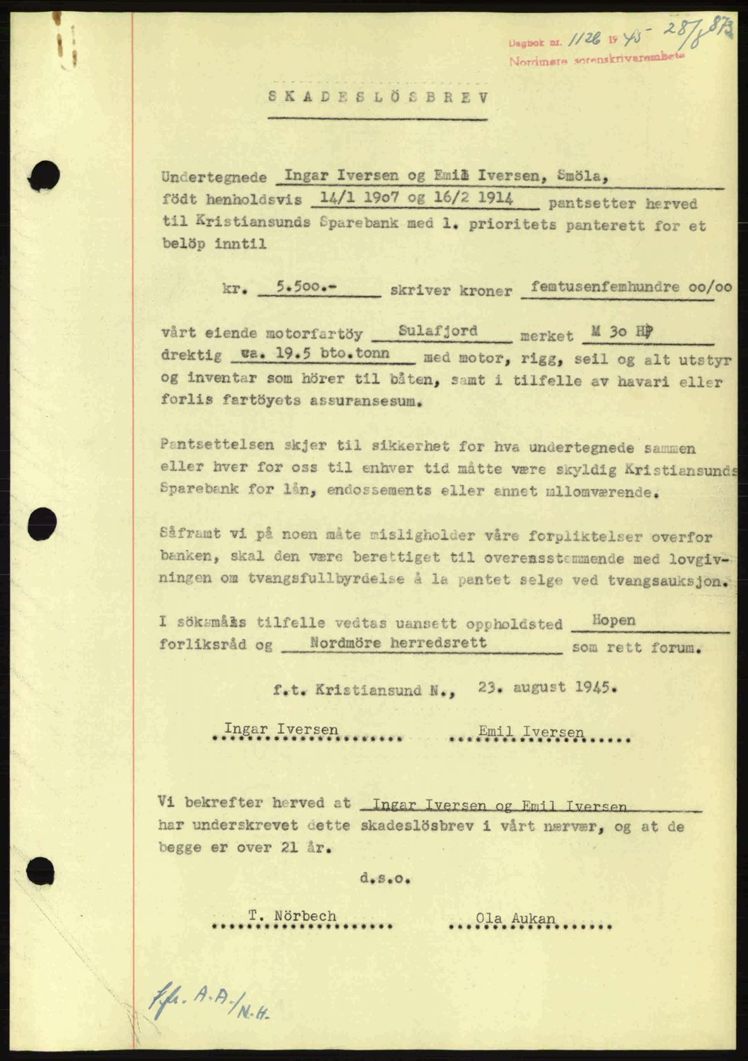 Nordmøre sorenskriveri, AV/SAT-A-4132/1/2/2Ca: Pantebok nr. B92, 1944-1945, Dagboknr: 1126/1945