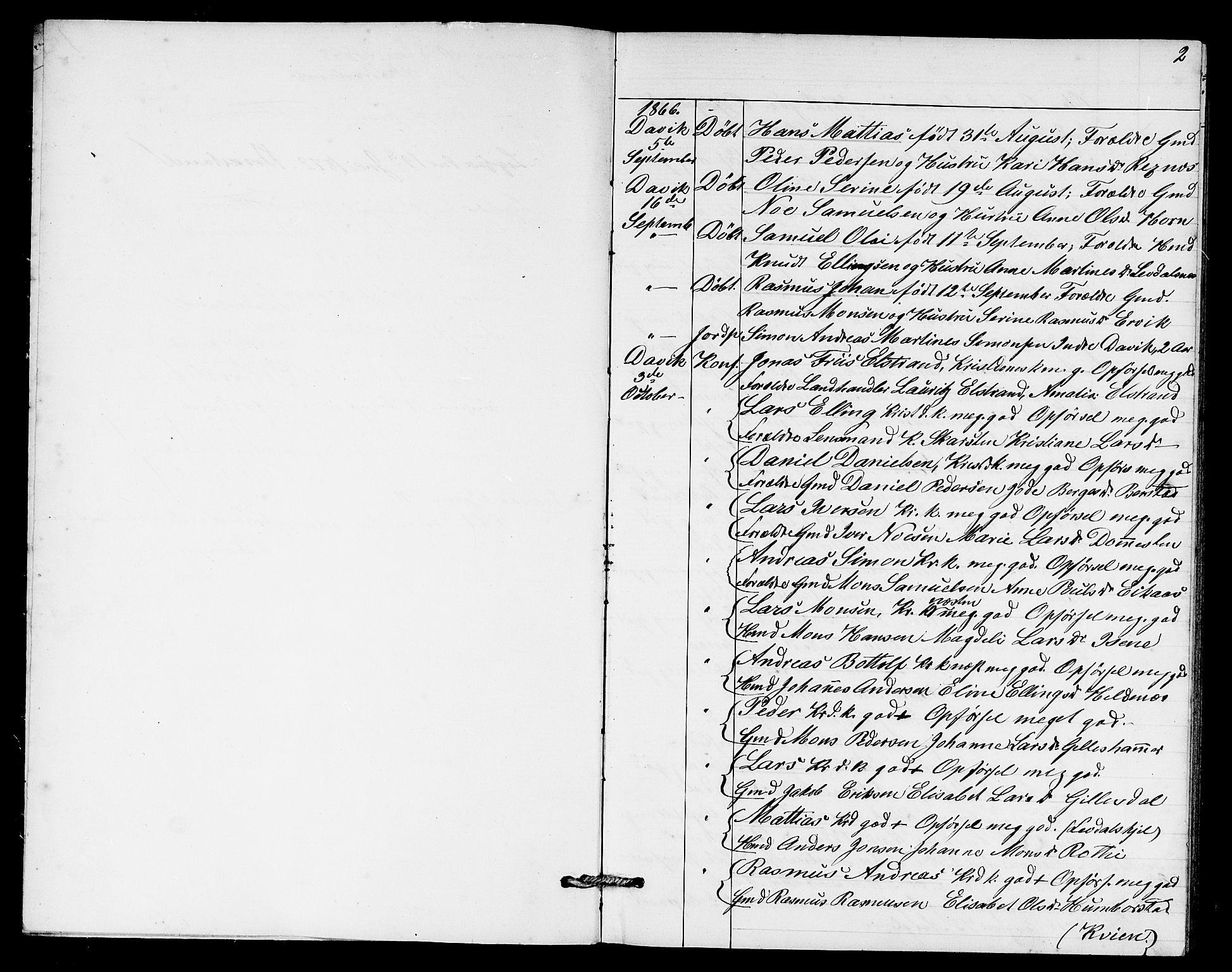 Davik sokneprestembete, AV/SAB-A-79701/H/Hab/Haba/L0001: Klokkerbok nr. A 1, 1866-1889, s. 2