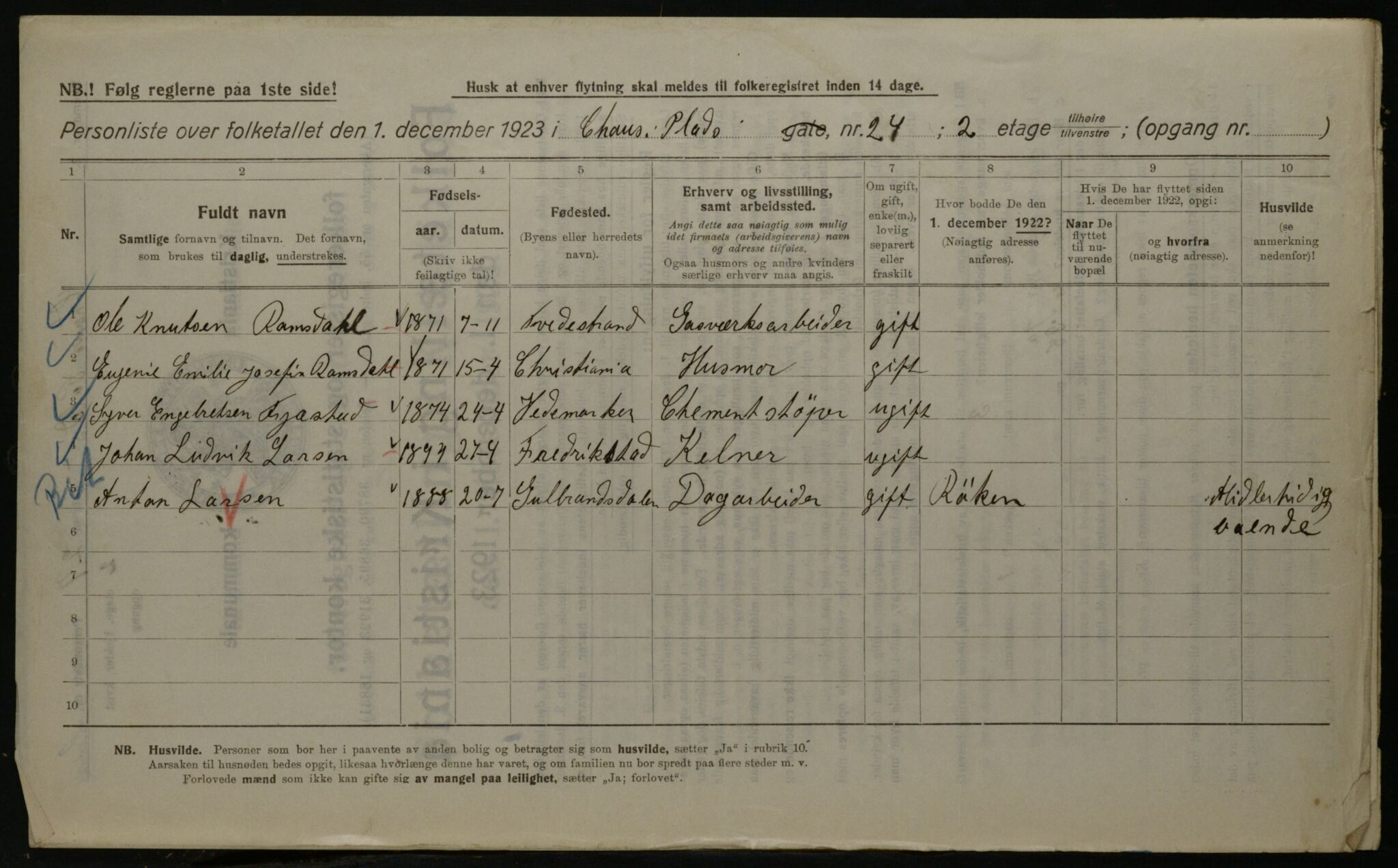 OBA, Kommunal folketelling 1.12.1923 for Kristiania, 1923, s. 100323