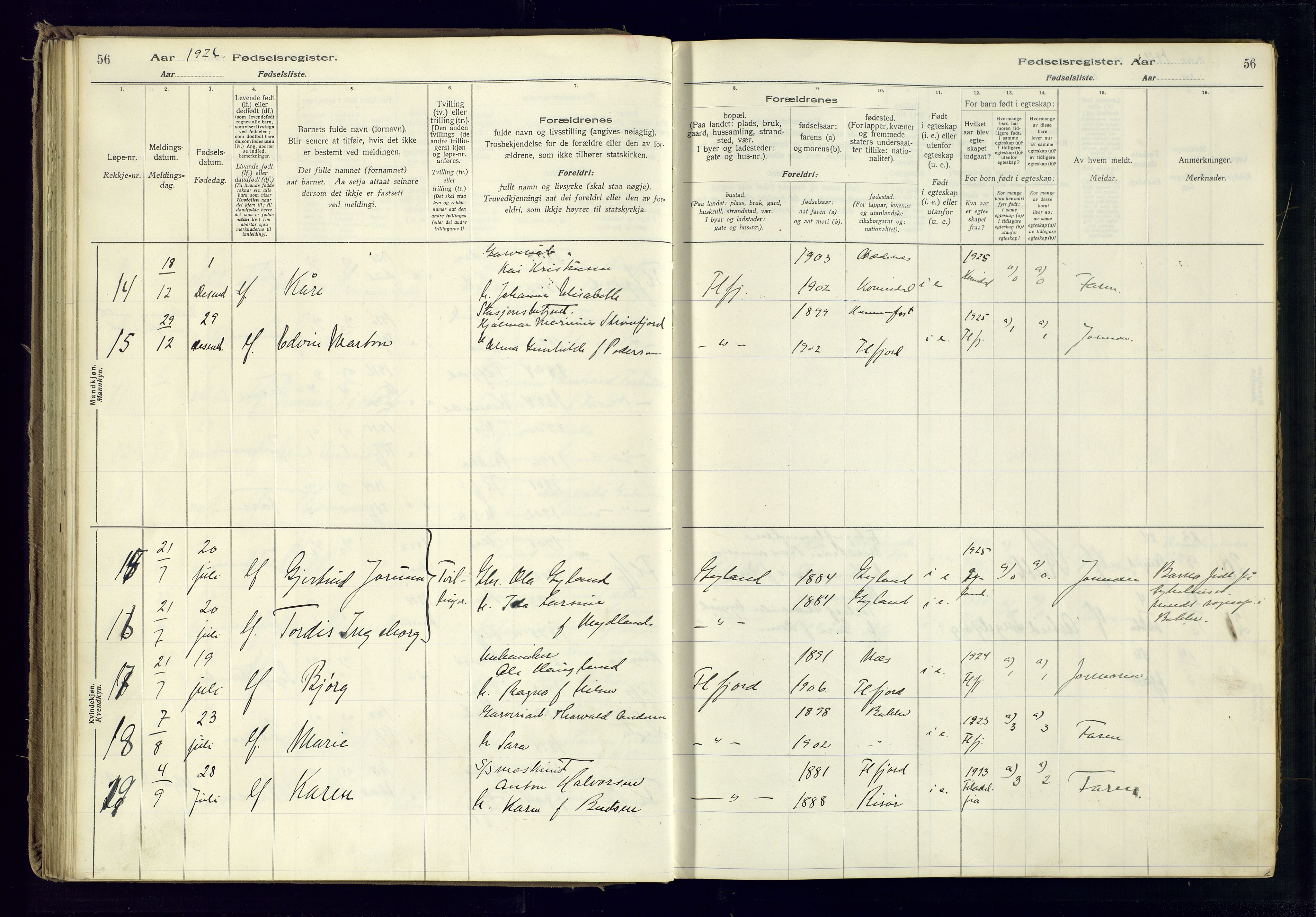 Flekkefjord sokneprestkontor, AV/SAK-1111-0012/J/Ja/L0001: Fødselsregister nr. 1, 1916-1948, s. 56